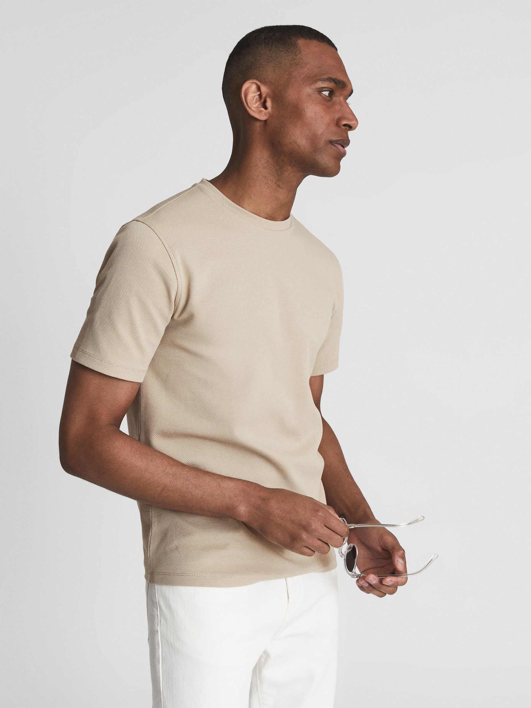 Honeycomb Crew Neck T-shirt in Oatmeal - Image 6 of 7