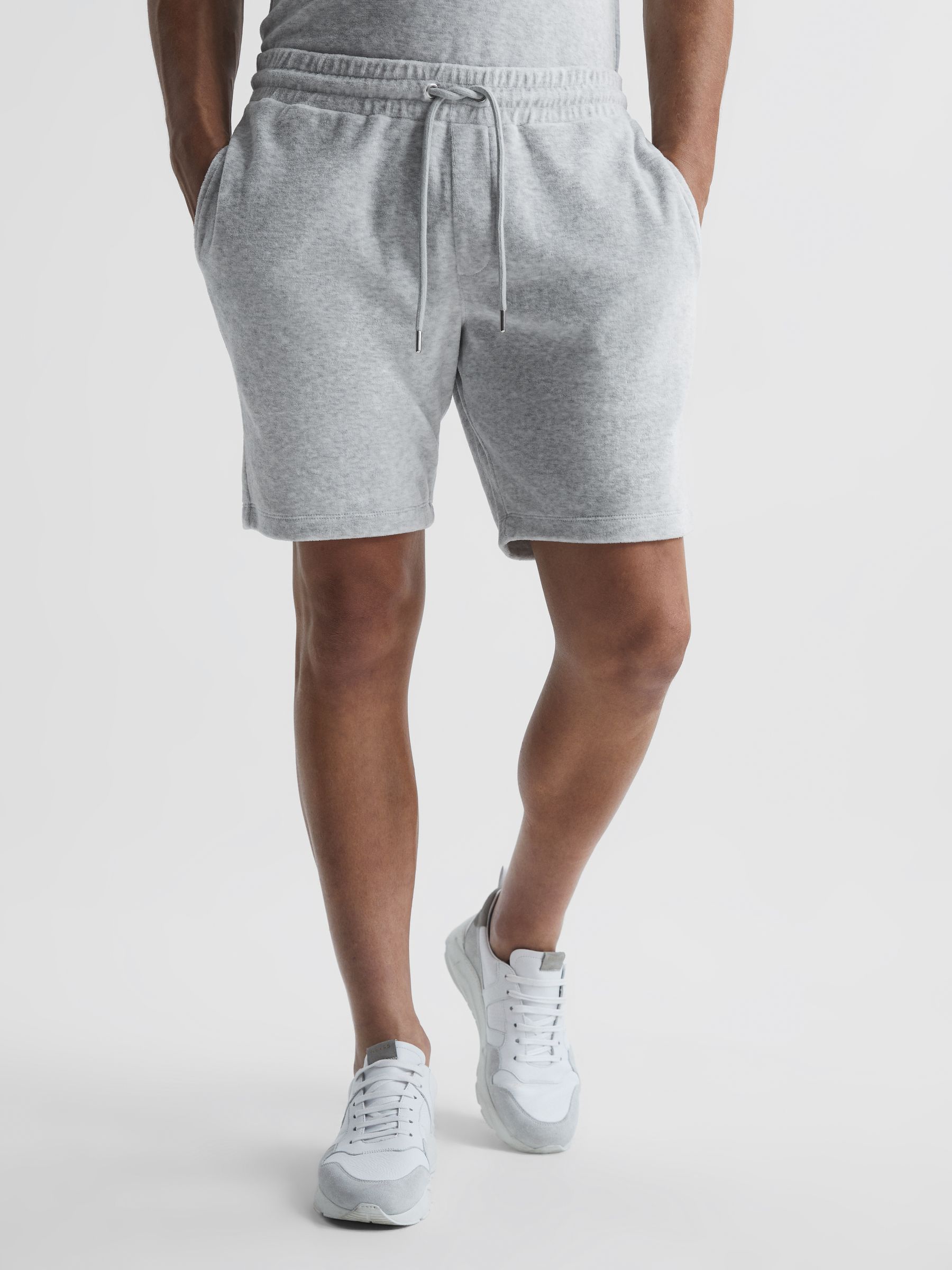 Velour Drawstring Shorts in Grey Melange - Image 1 of 6