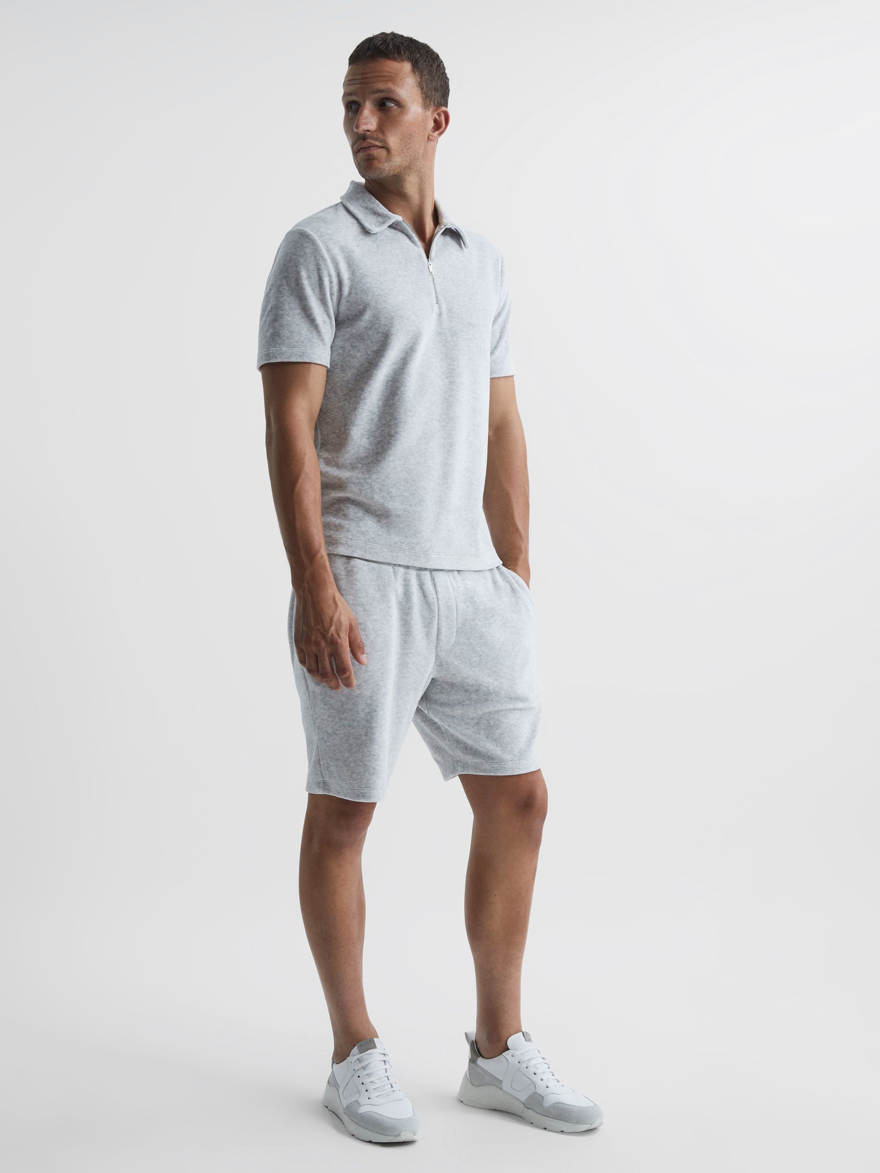 Velour Drawstring Shorts in Grey Melange - Image 3 of 6
