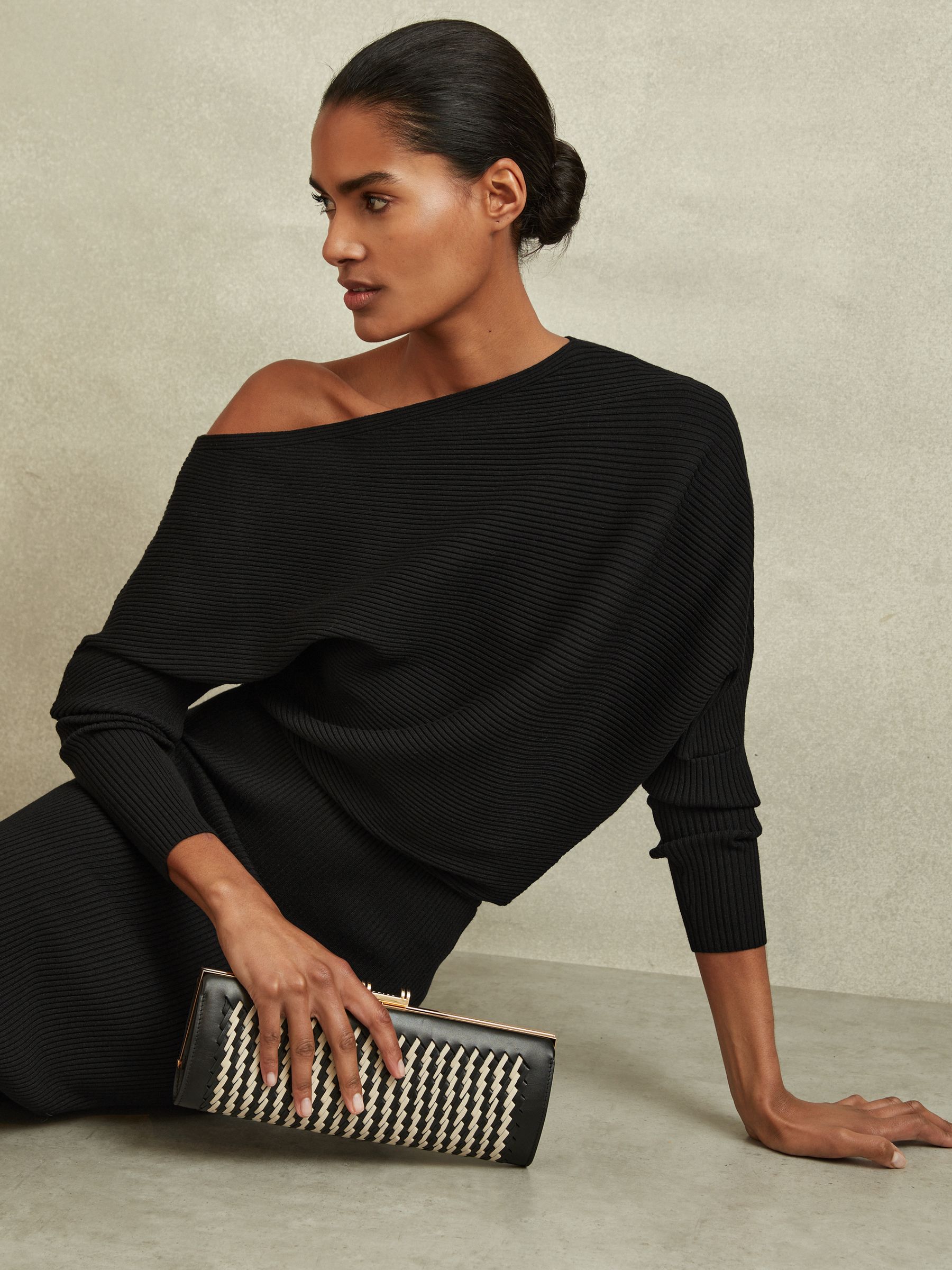 Off-The-Shoulder Ribbed Midi Dress in Black - Image 3 of 5