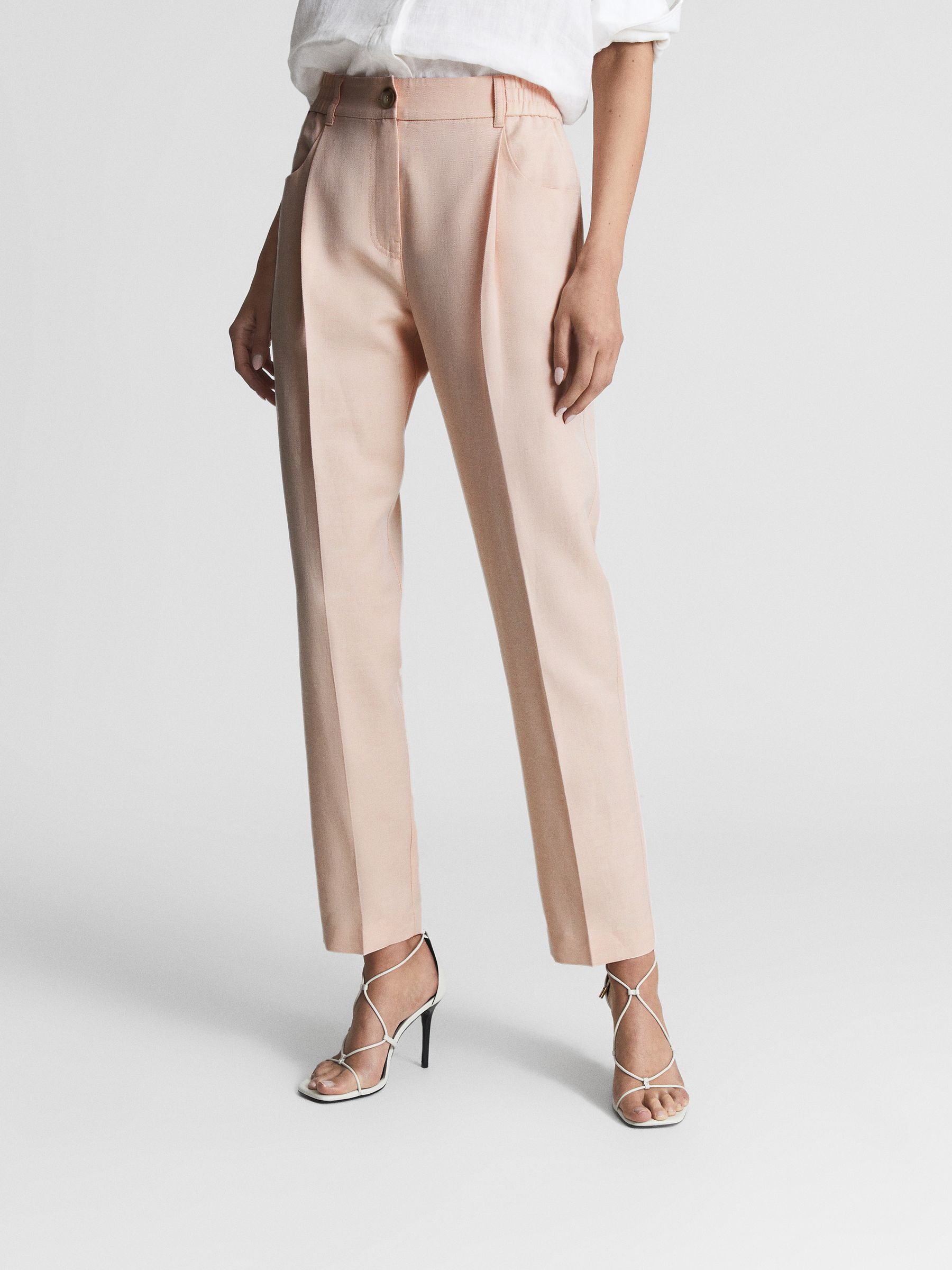 Linen Blend Pull On Trousers in Pink - Image 1 of 5