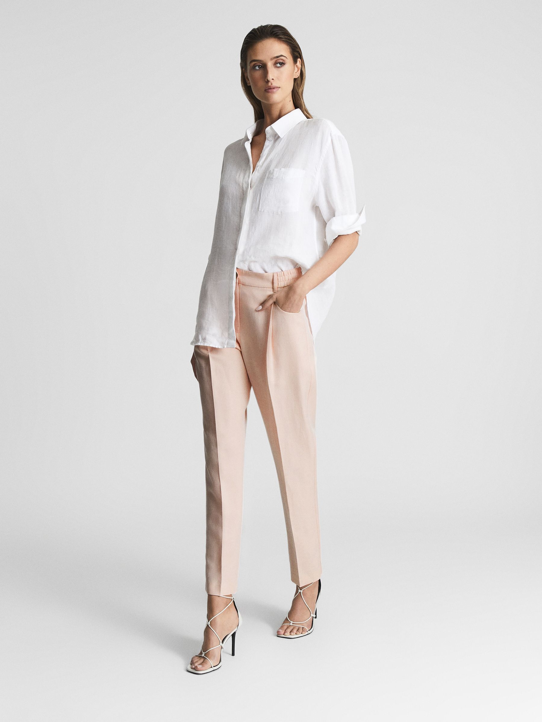 Linen Blend Pull On Trousers in Pink - Image 3 of 5