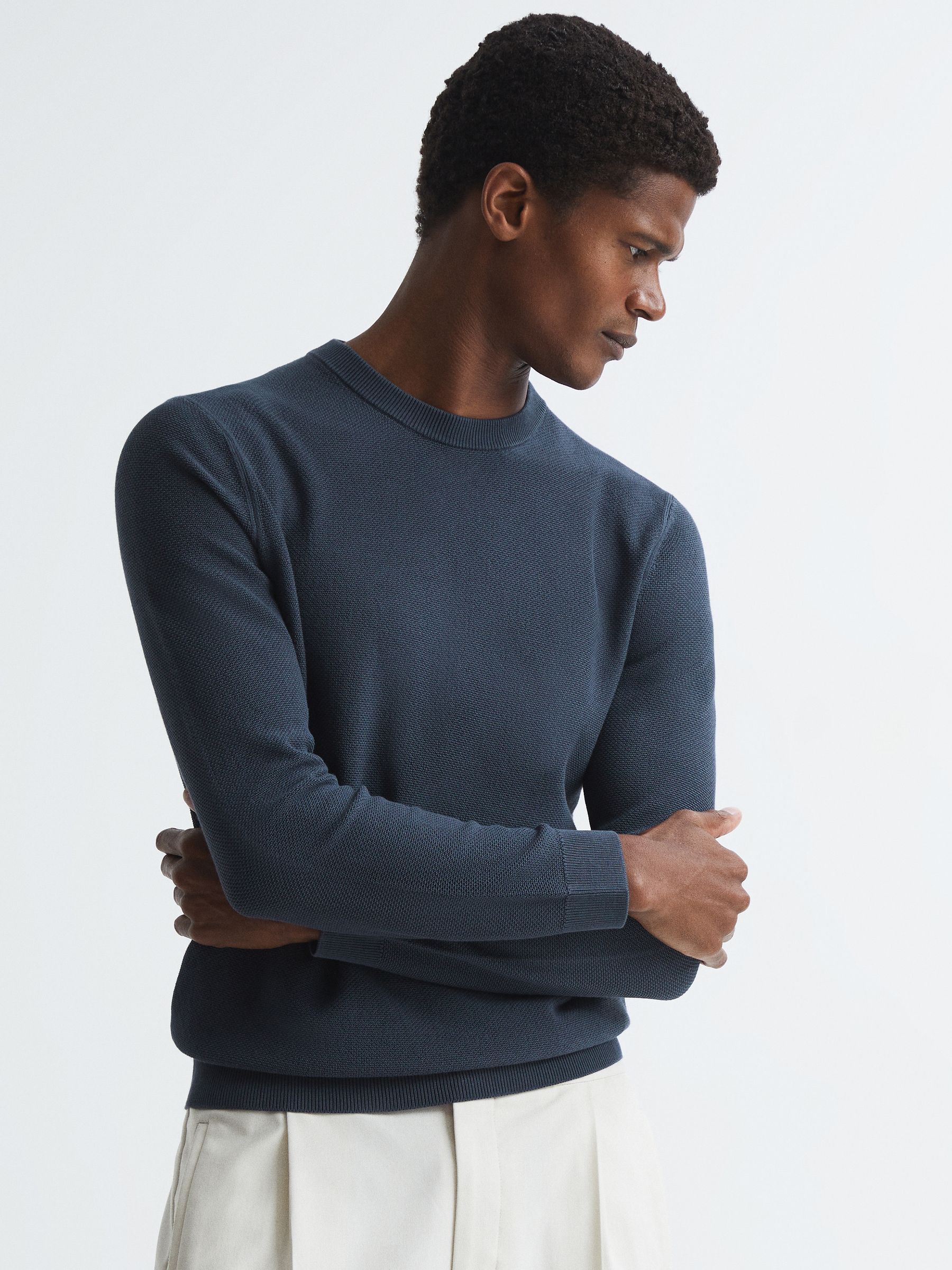Stitch Interest Crew Neck Jumper in Airforce Blue - Image 1 of 7