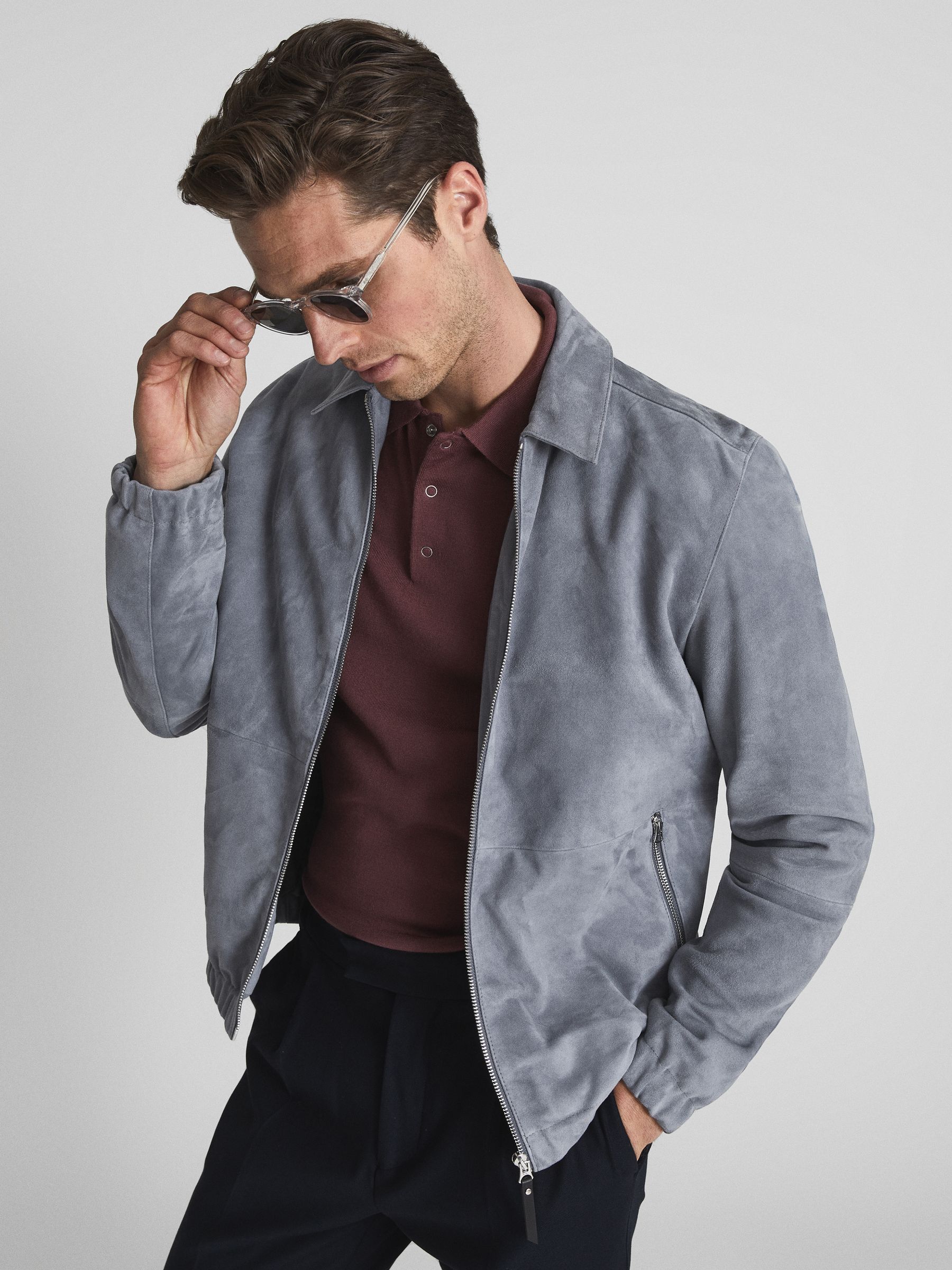 Reiss Zip Through Suede Jacket in Ashley Blue - REISS