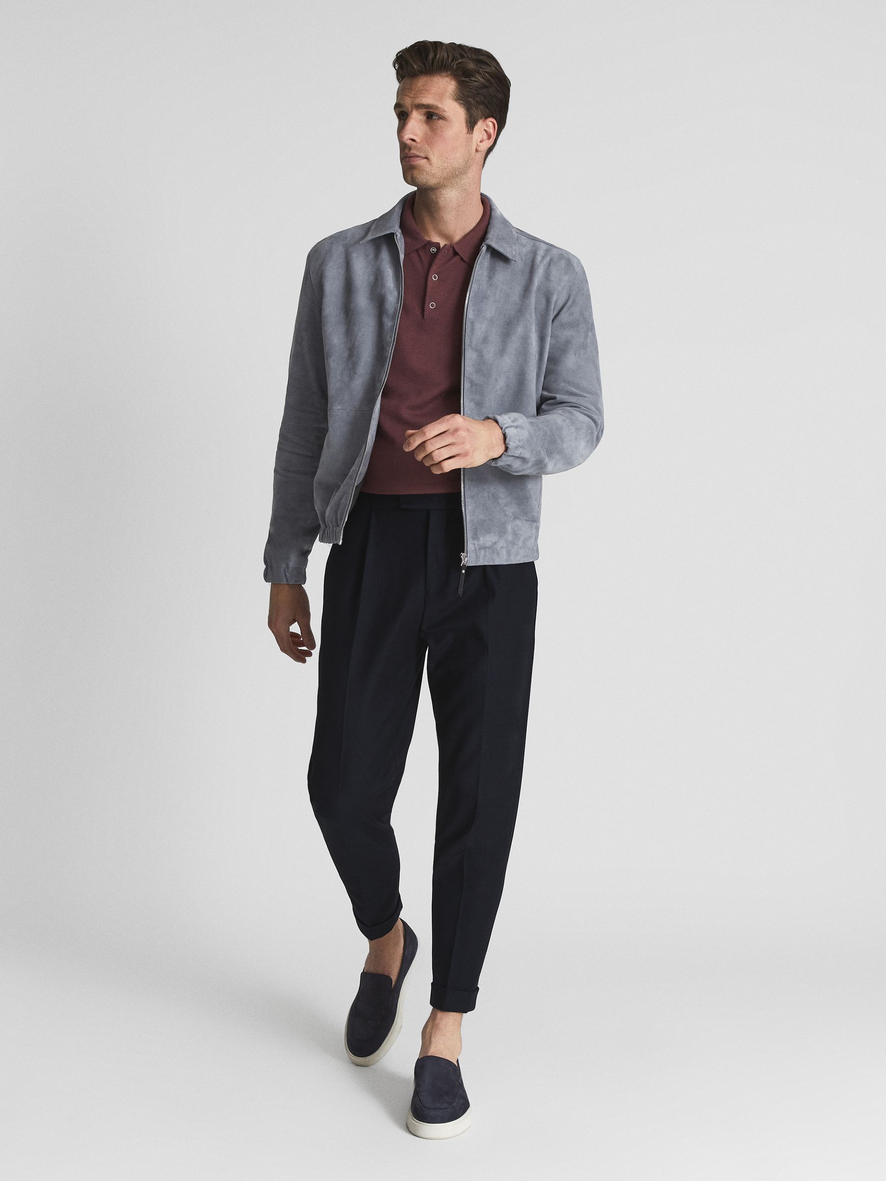 Reiss Zip Through Suede Jacket in Ashley Blue - REISS