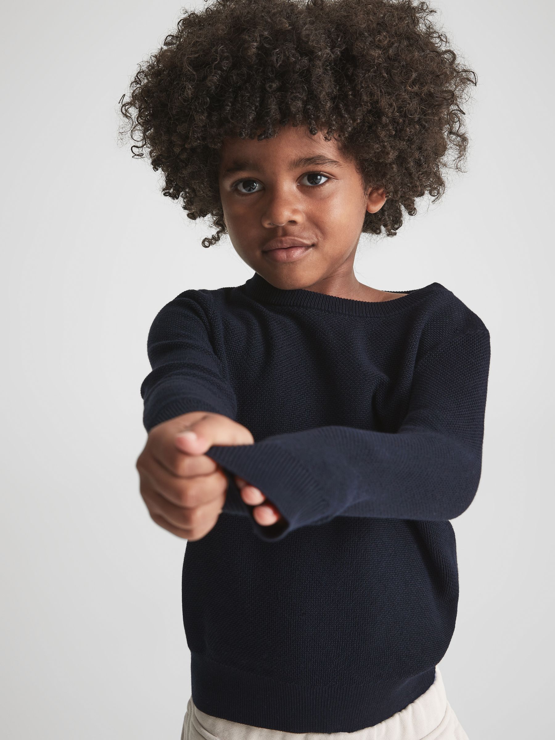 Senior Stitch Interest Crew Neck Jumper in Navy - Image 4 of 6