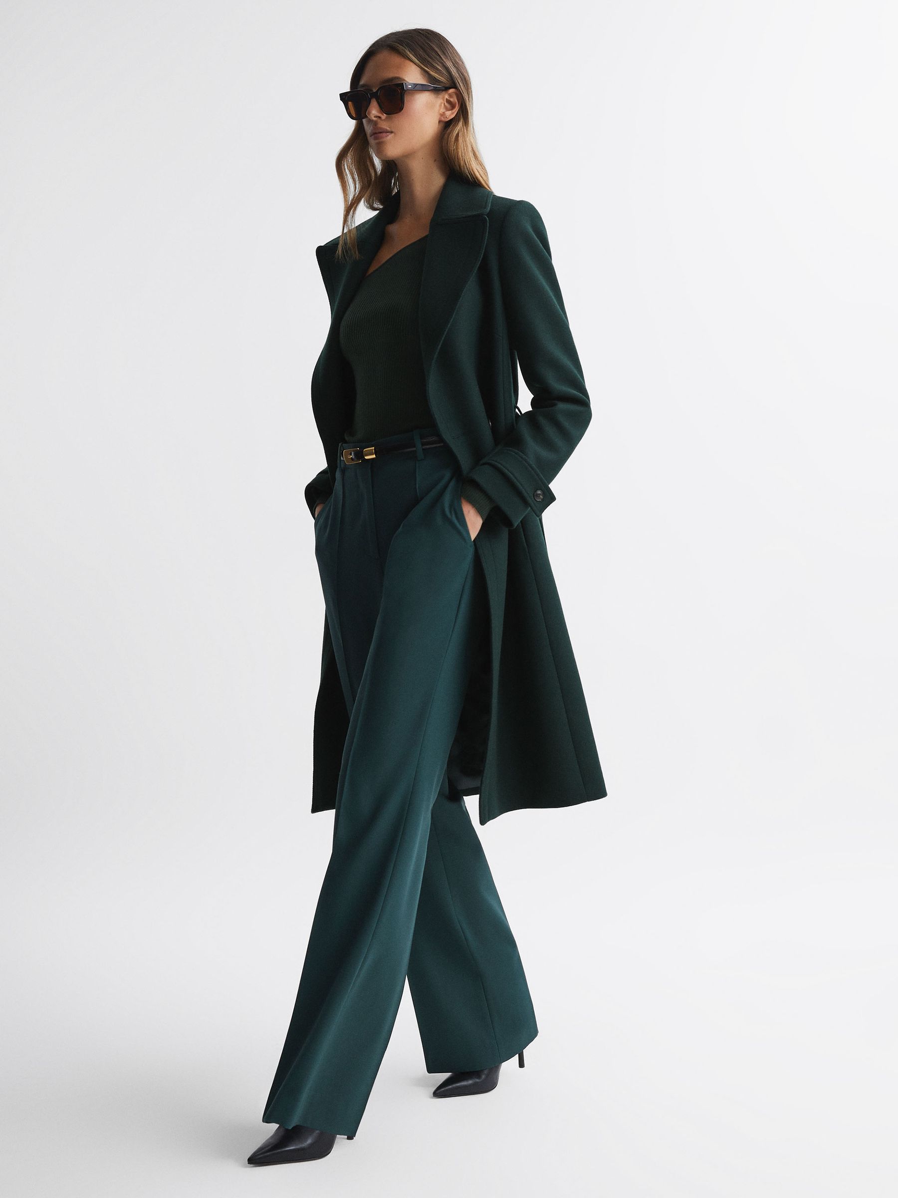 Relaxed Wool Blend Belted Coat in Green - Image 1 of 5