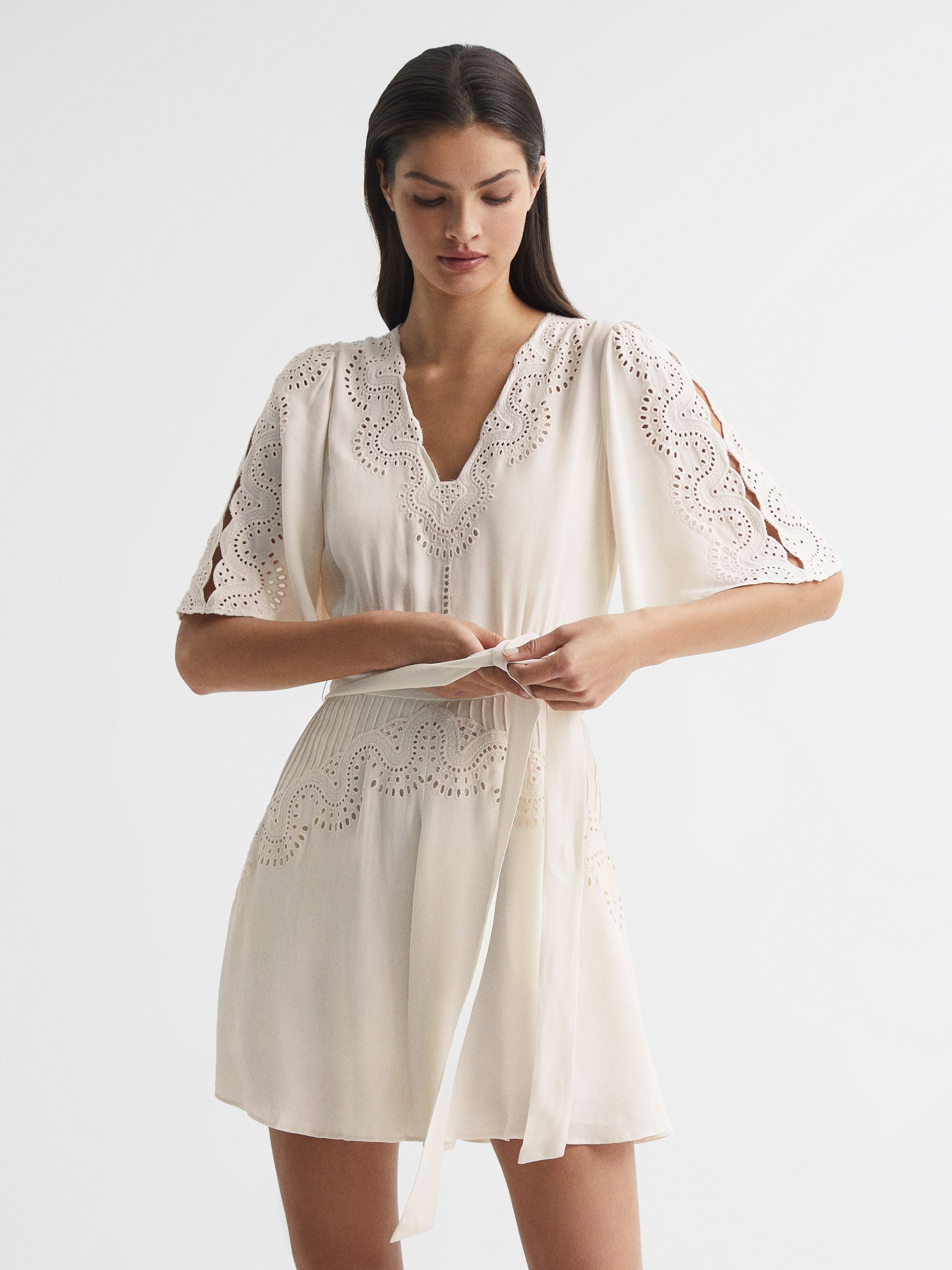 Broderie Sleeve Floppy Mini Dress in Cream - Image 1 of 8 Broderie Sleeve Floppy Mini Dress in Cream - Image 1 of 8
