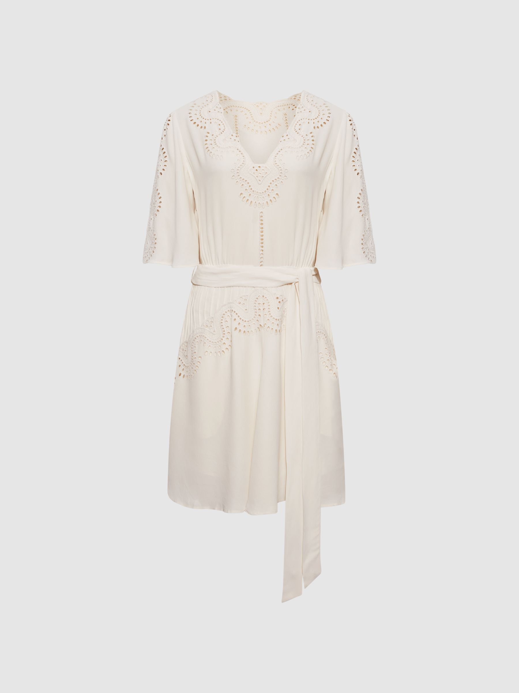 Broderie Sleeve Floppy Mini Dress in Cream - Image 2 of 8 Broderie Sleeve Floppy Mini Dress in Cream - Image 2 of 8
