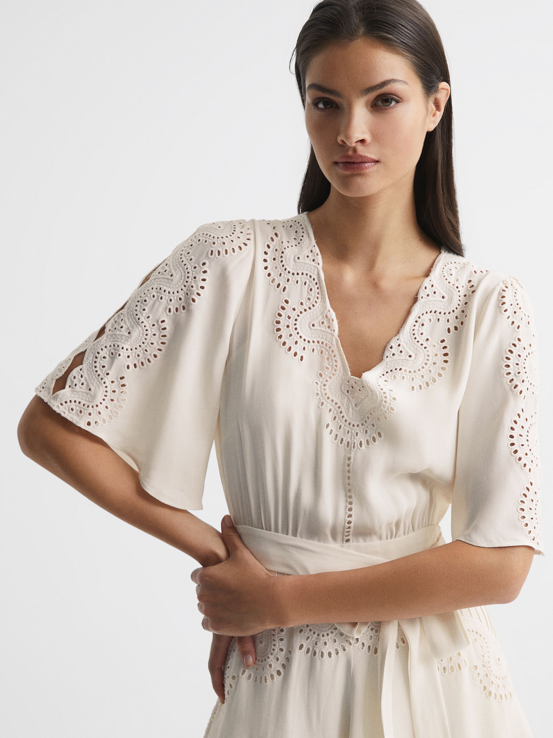 Broderie Sleeve Floppy Mini Dress in Cream - Image 4 of 8