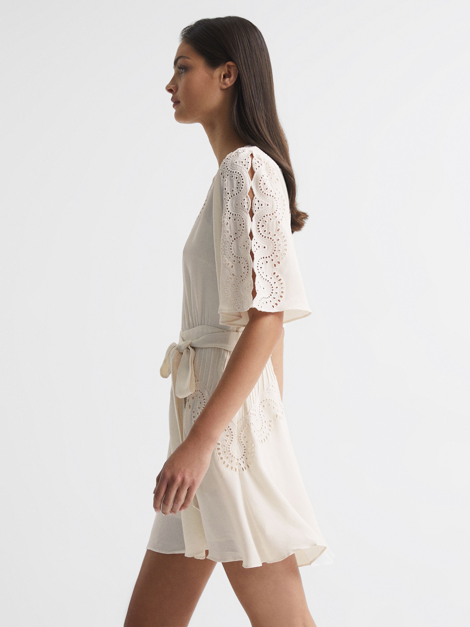 Broderie Sleeve Floppy Mini Dress in Cream - Image 7 of 8