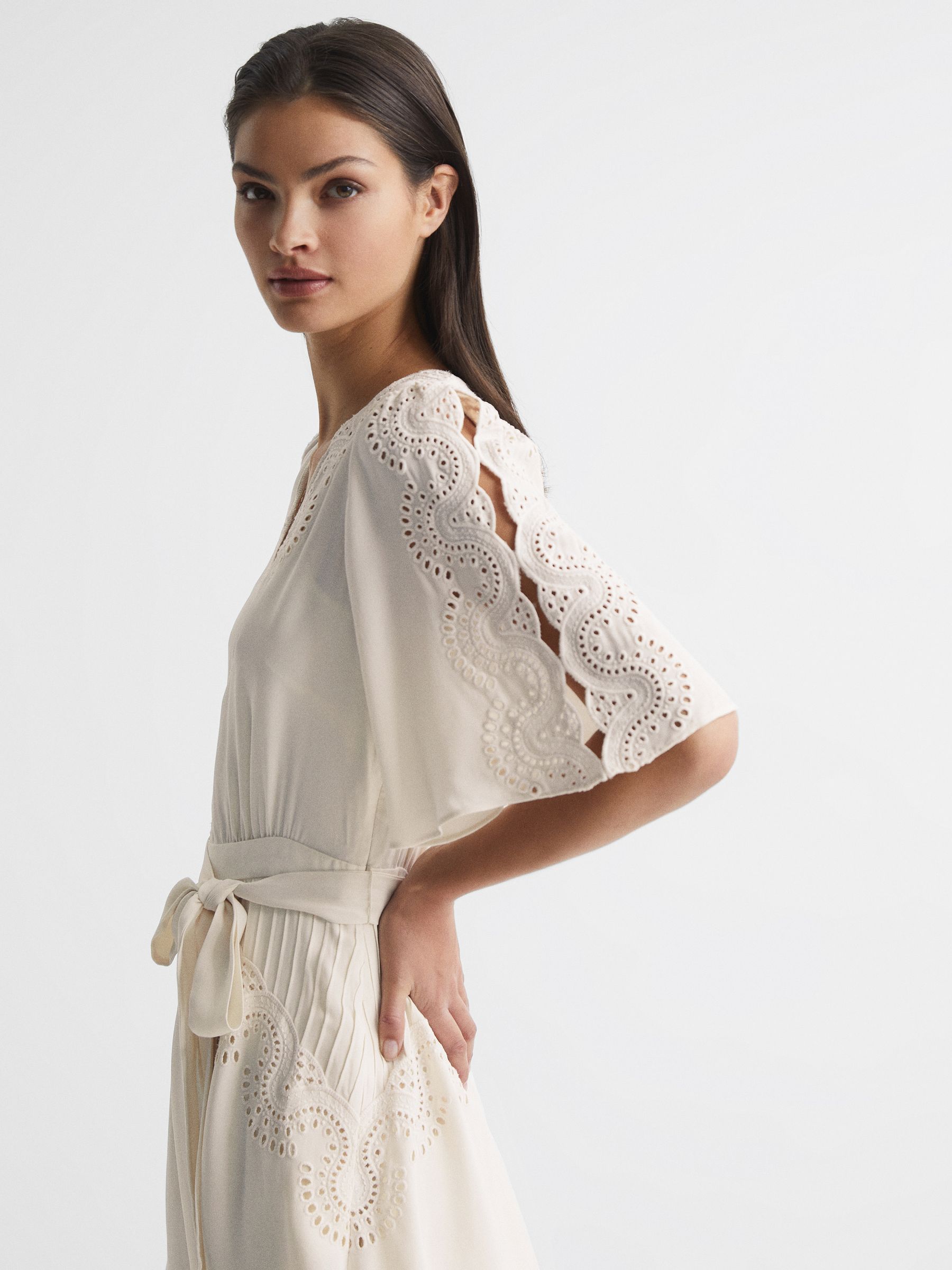 Broderie Sleeve Floppy Mini Dress in Cream - Image 8 of 8