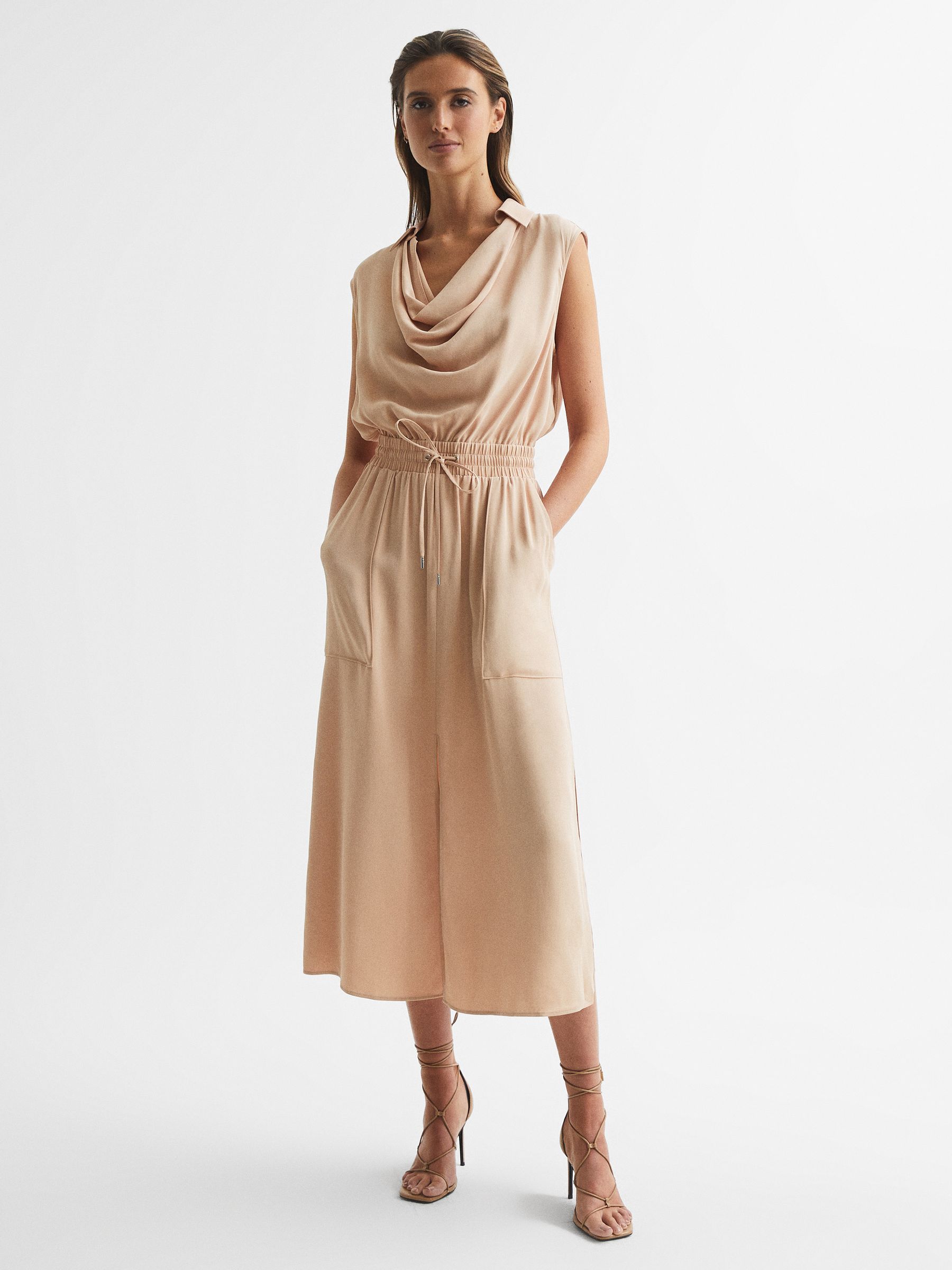 Sleeveless Cowl-Neck Shirt Dress in Nude - Image 1 of 8