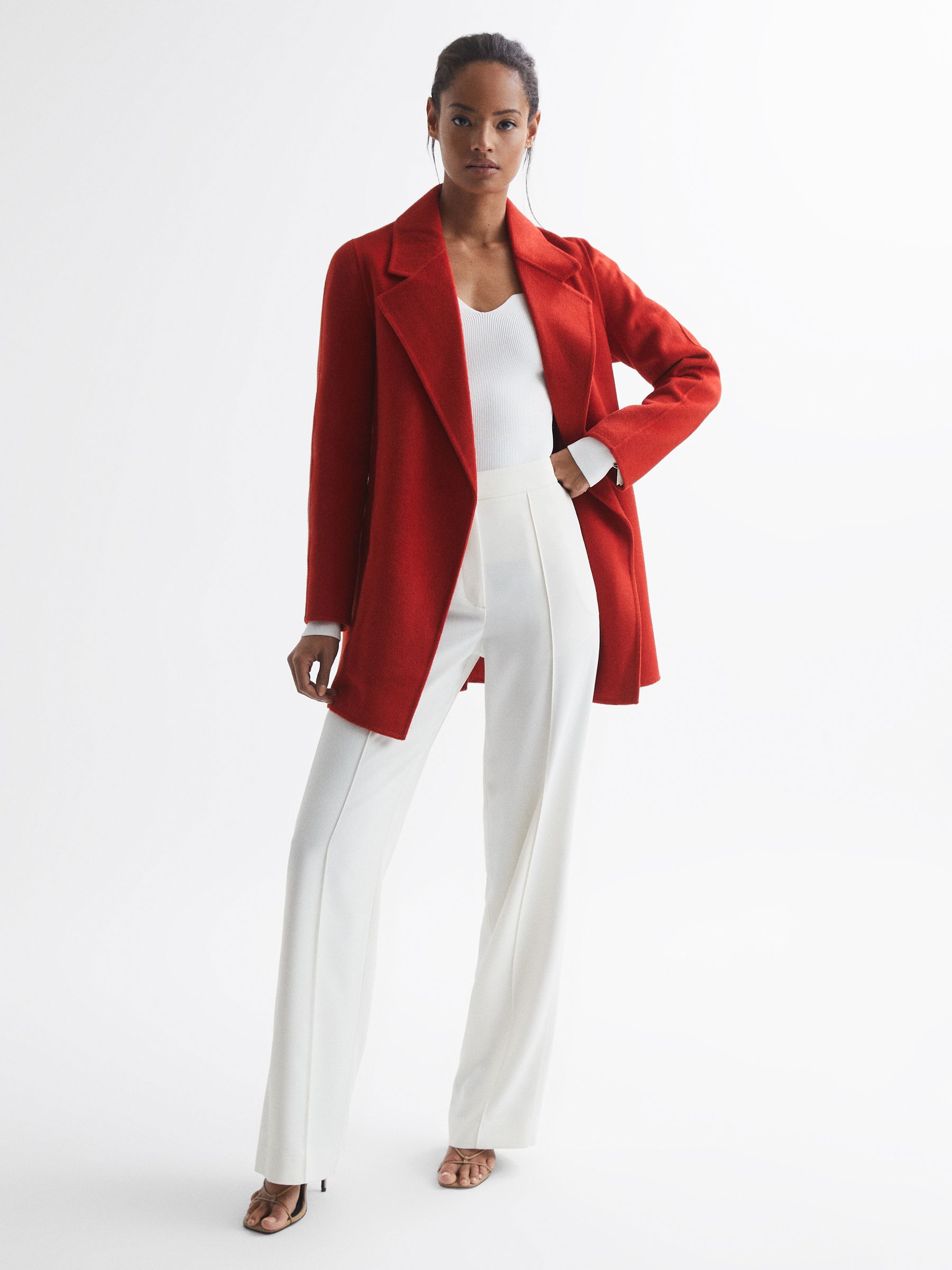 Belted Blindseam Short Coat in Red - Image 3 of 6