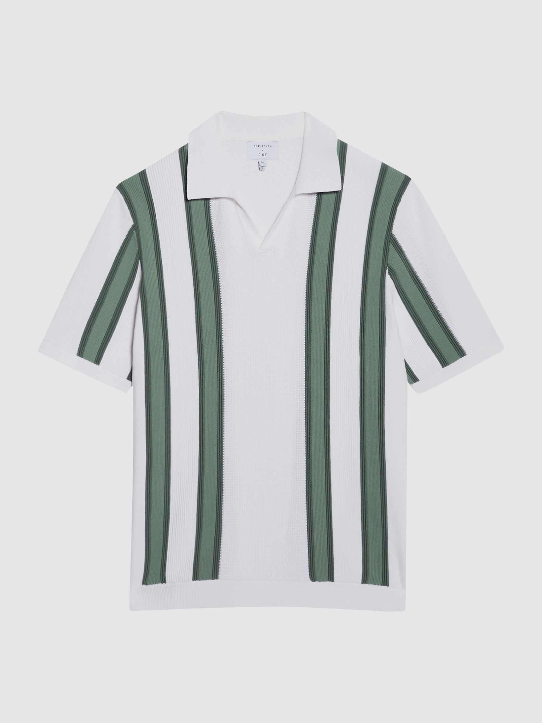 Open Collar Striped Polo T-Shirt in White/Sage - Image 2 of 7