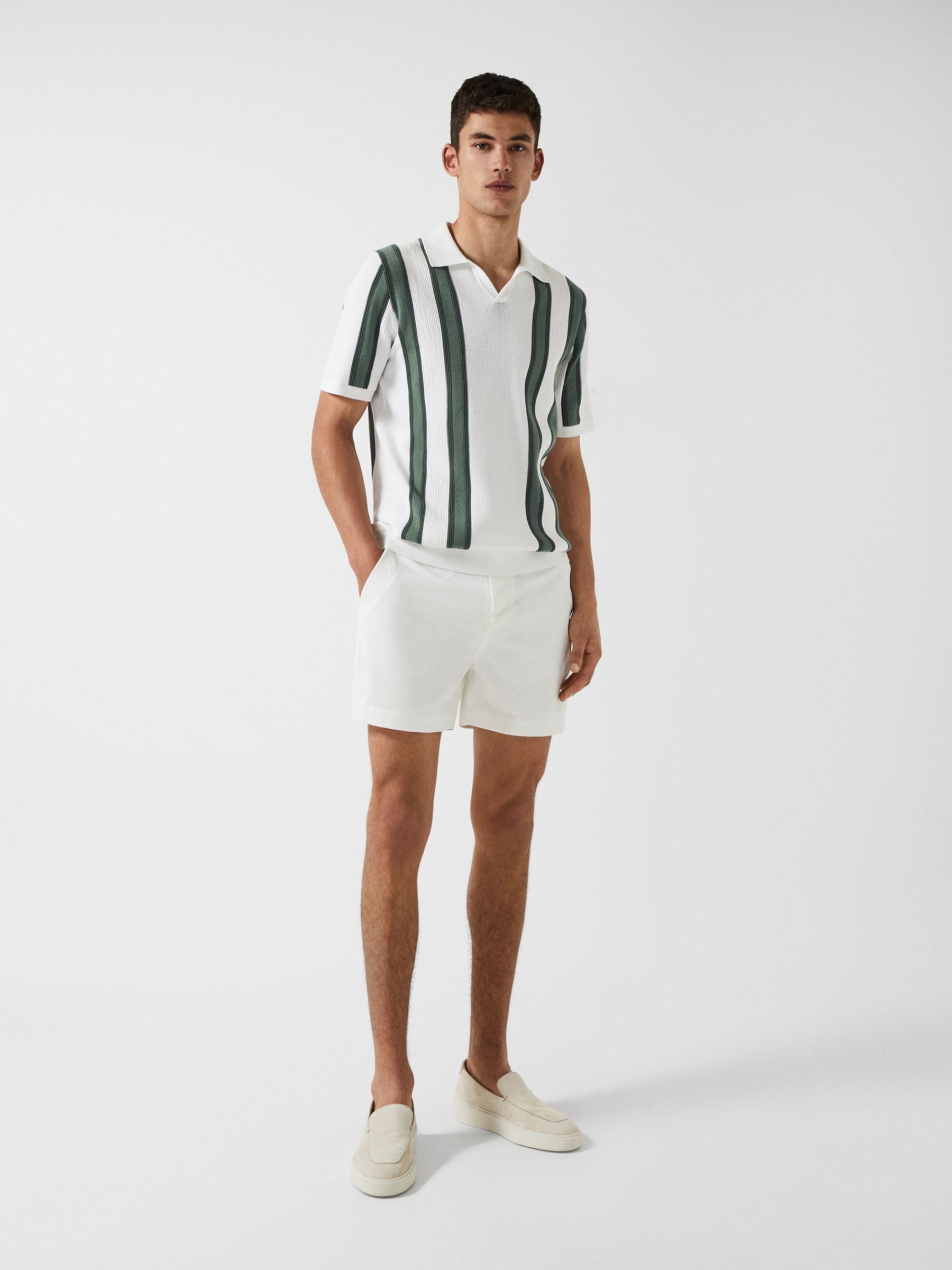 Open Collar Striped Polo T-Shirt in White/Sage - Image 3 of 7