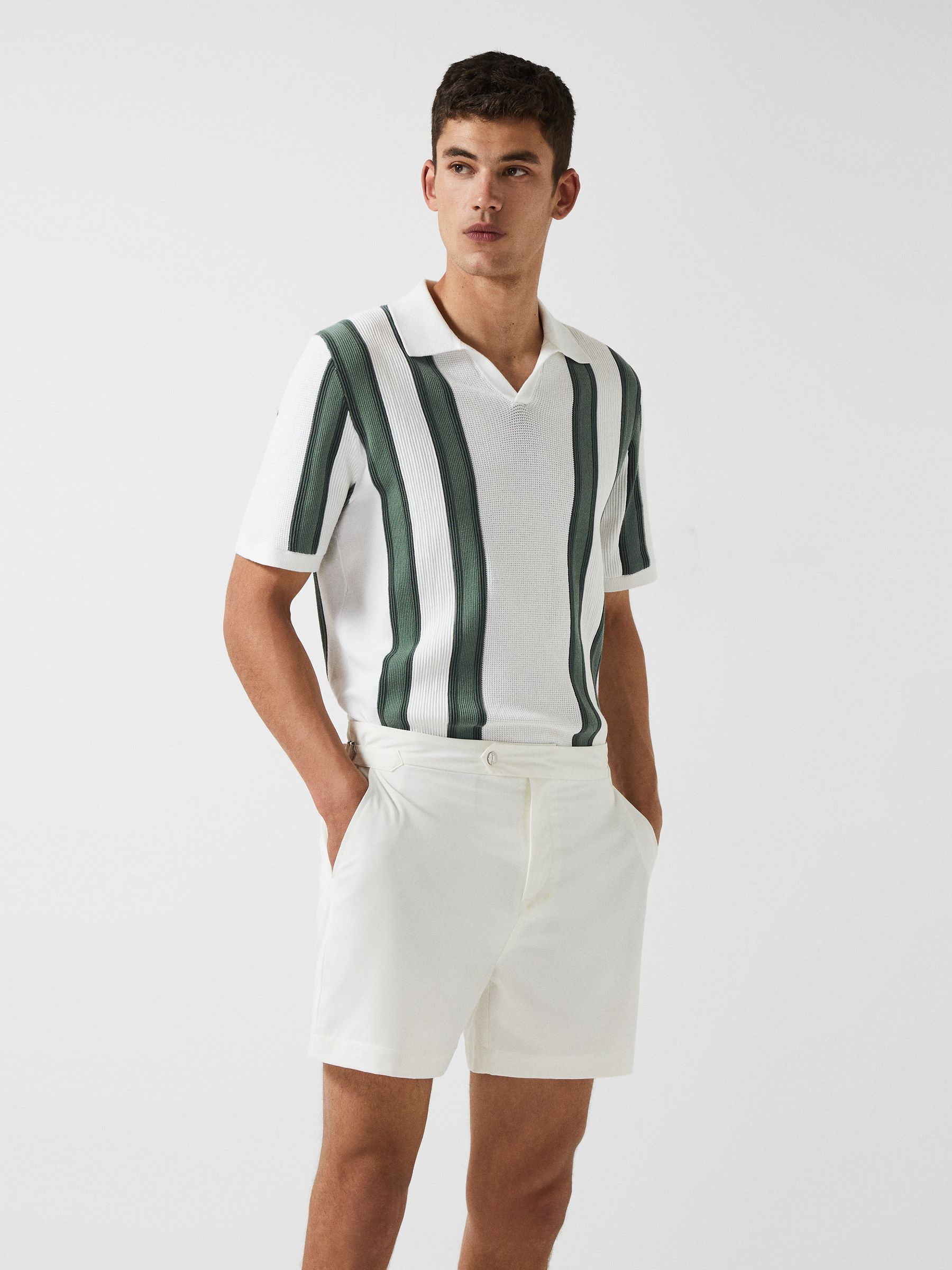 Open Collar Striped Polo T-Shirt in White/Sage - Image 4 of 7