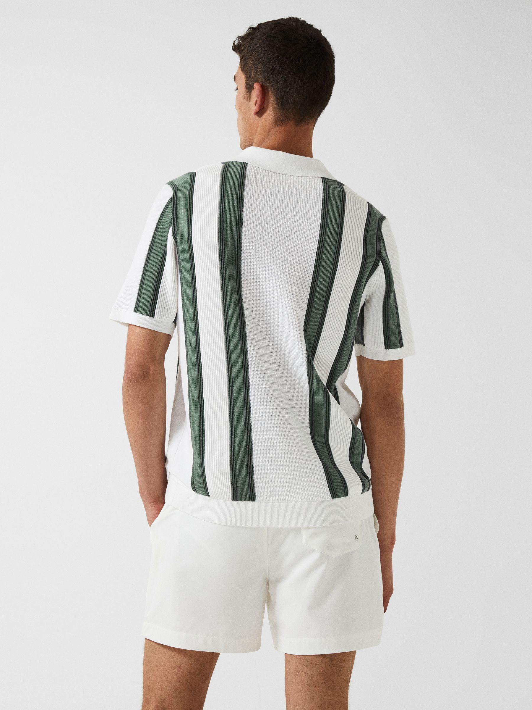 Open Collar Striped Polo T-Shirt in White/Sage - Image 5 of 7