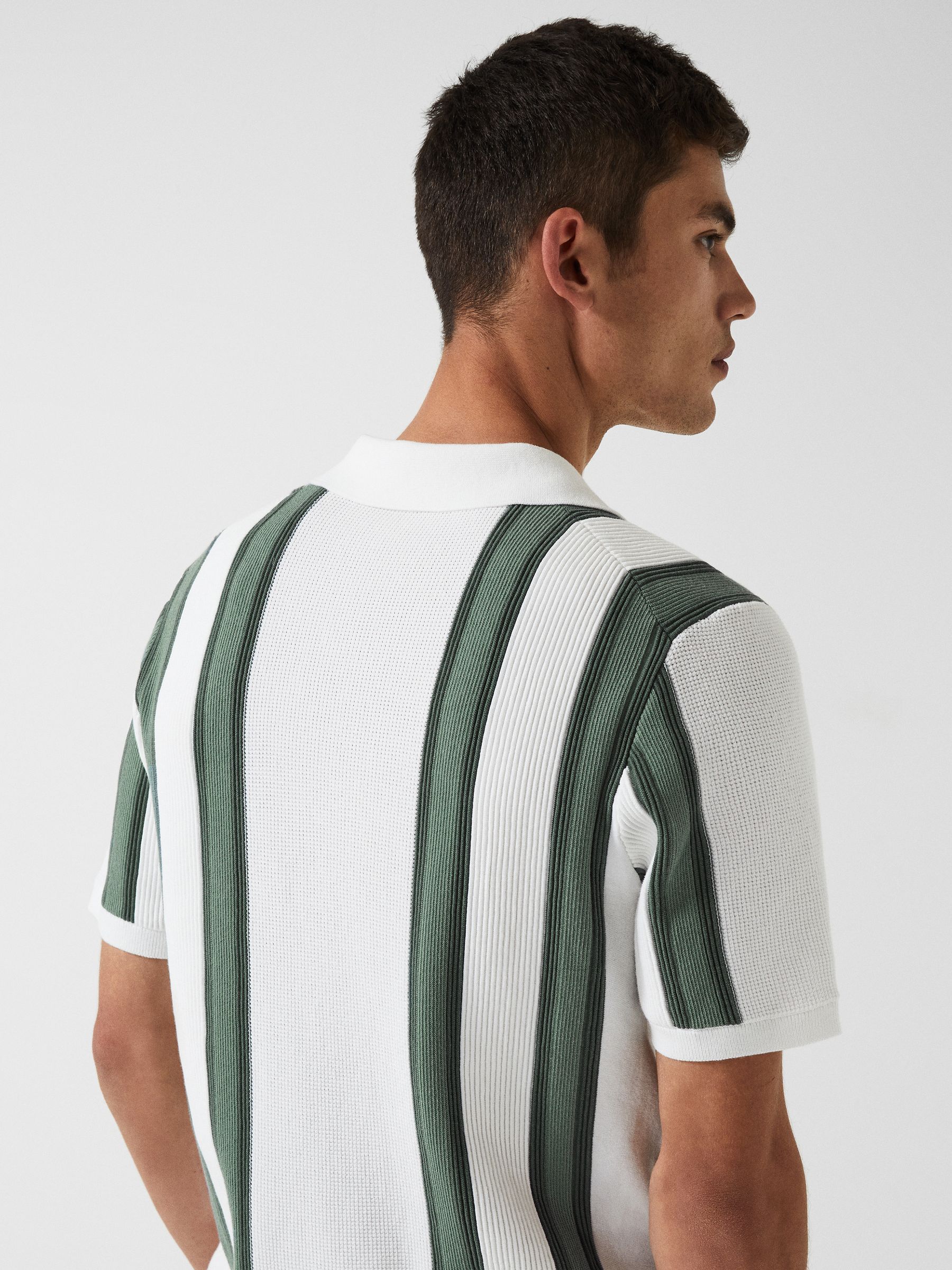 Open Collar Striped Polo T-Shirt in White/Sage - Image 6 of 7