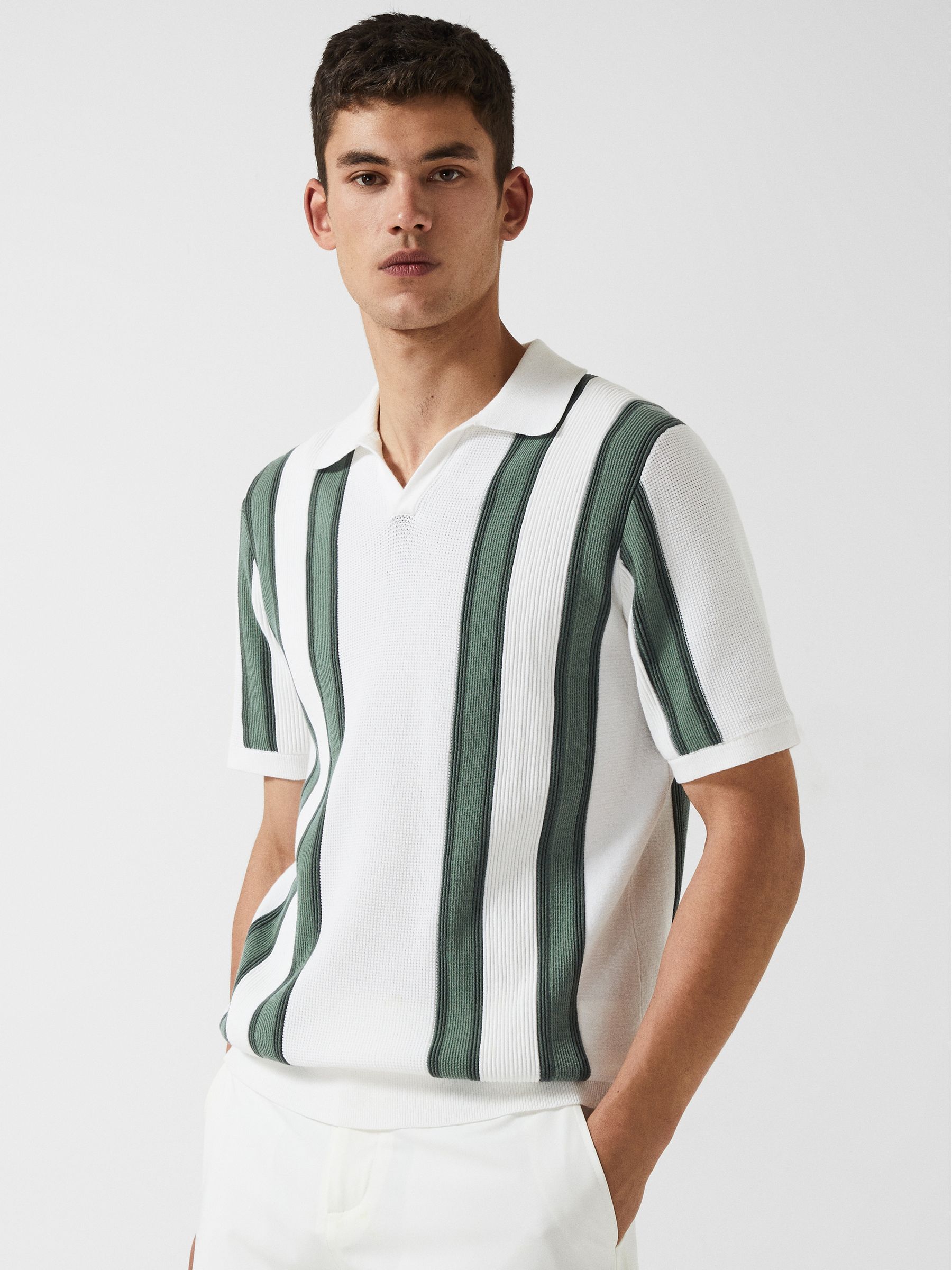 Open Collar Striped Polo T-Shirt in White/Sage - Image 7 of 7