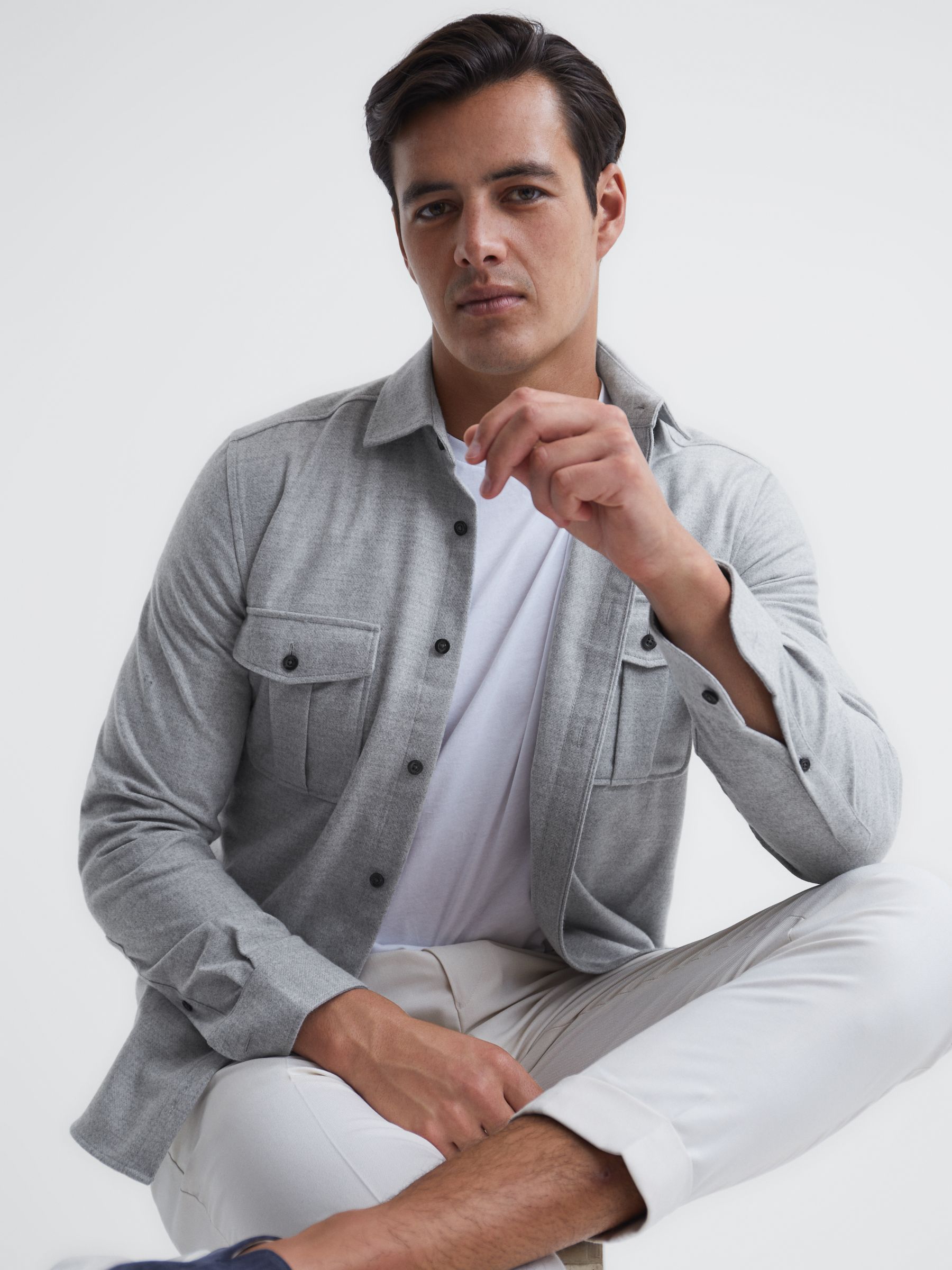 Brushed Twin Pocket Overshirt in Grey Melange - Image 1 of 7