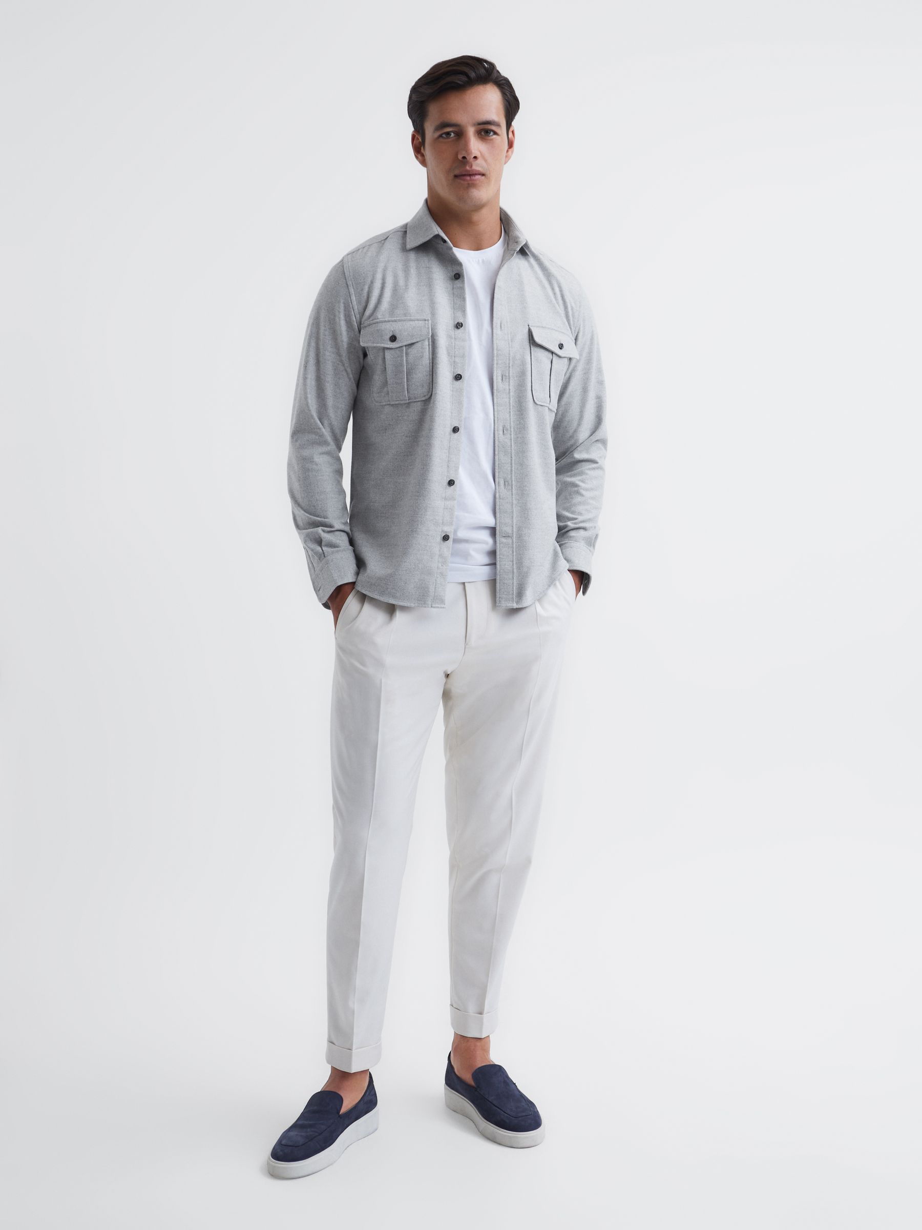 Brushed Twin Pocket Overshirt in Grey Melange - Image 3 of 7