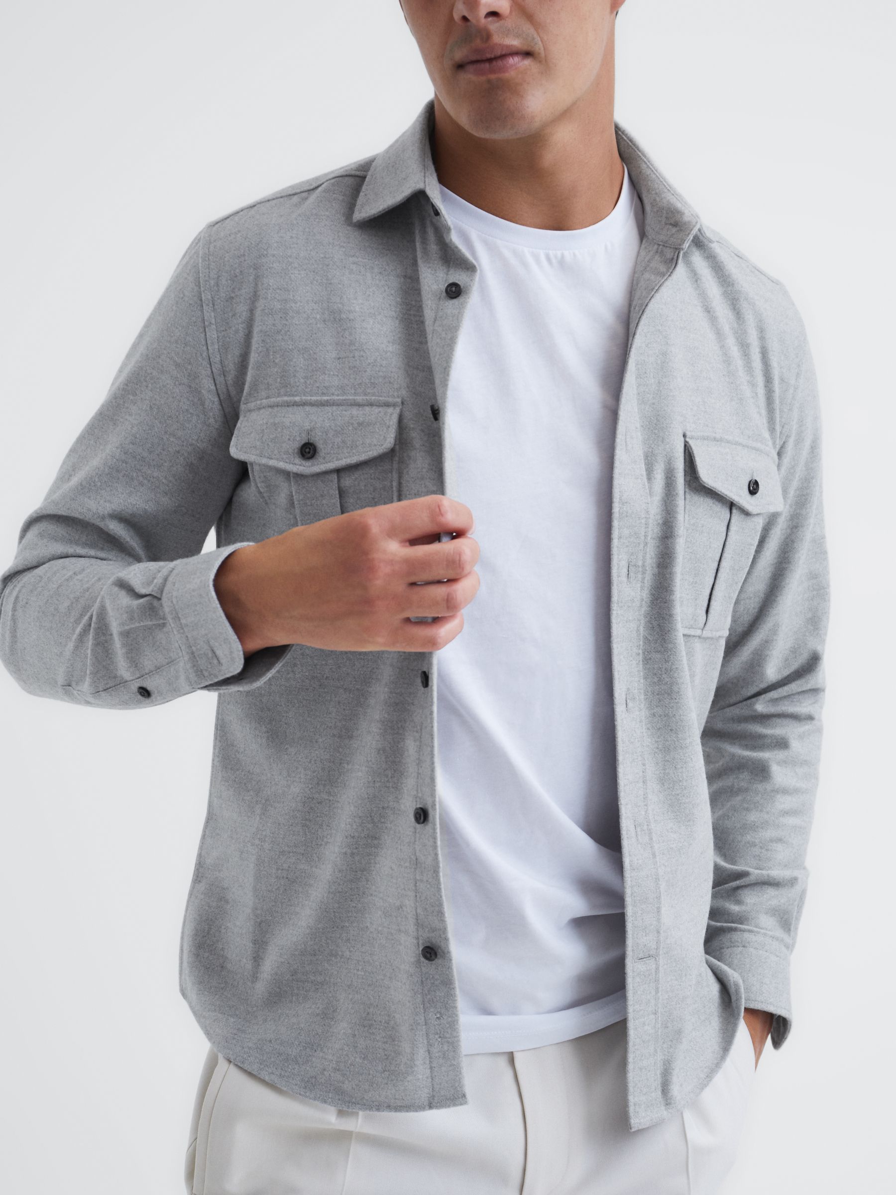 Brushed Twin Pocket Overshirt in Grey Melange - Image 6 of 7