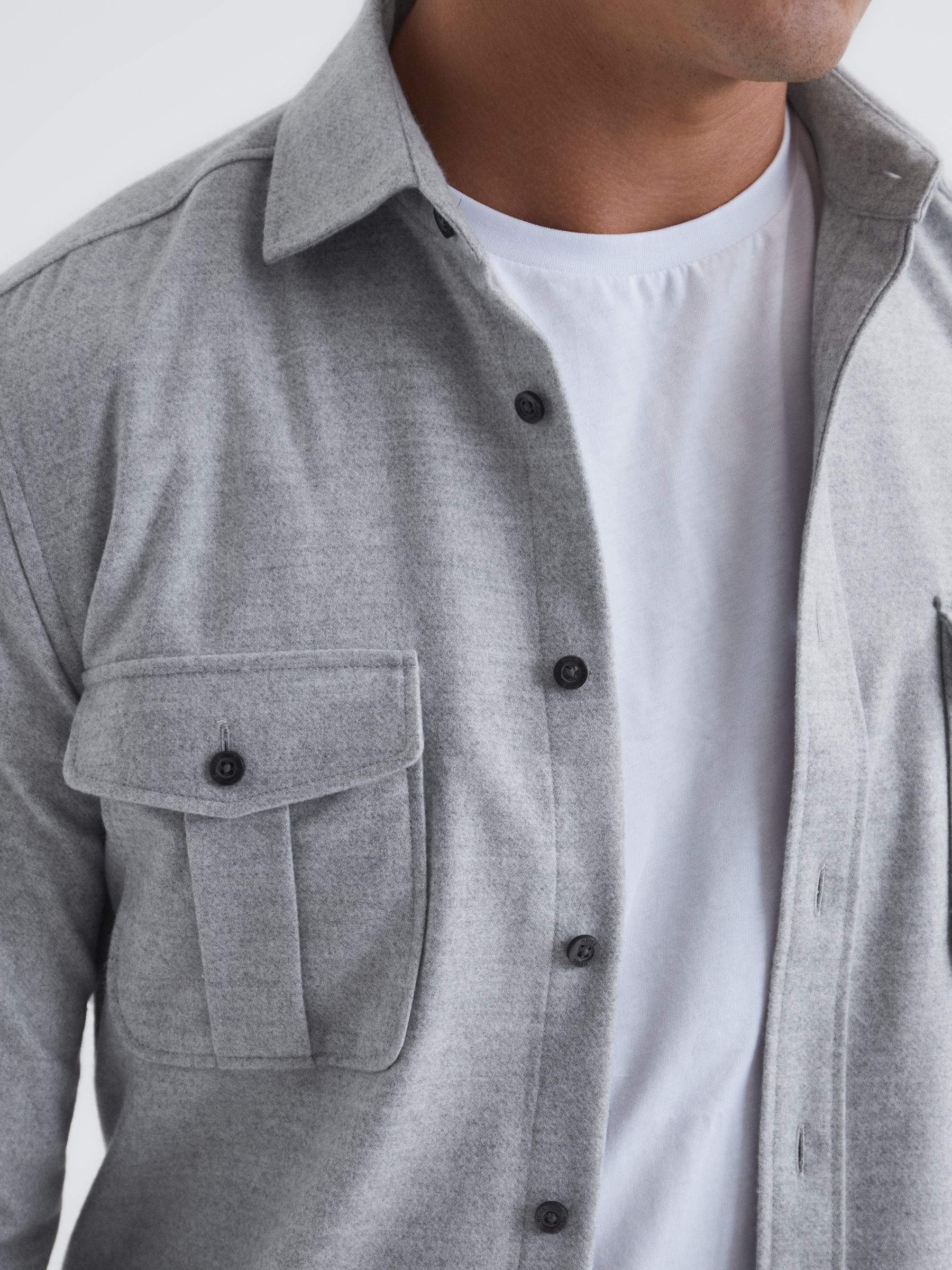 Brushed Twin Pocket Overshirt in Grey Melange - Image 7 of 7