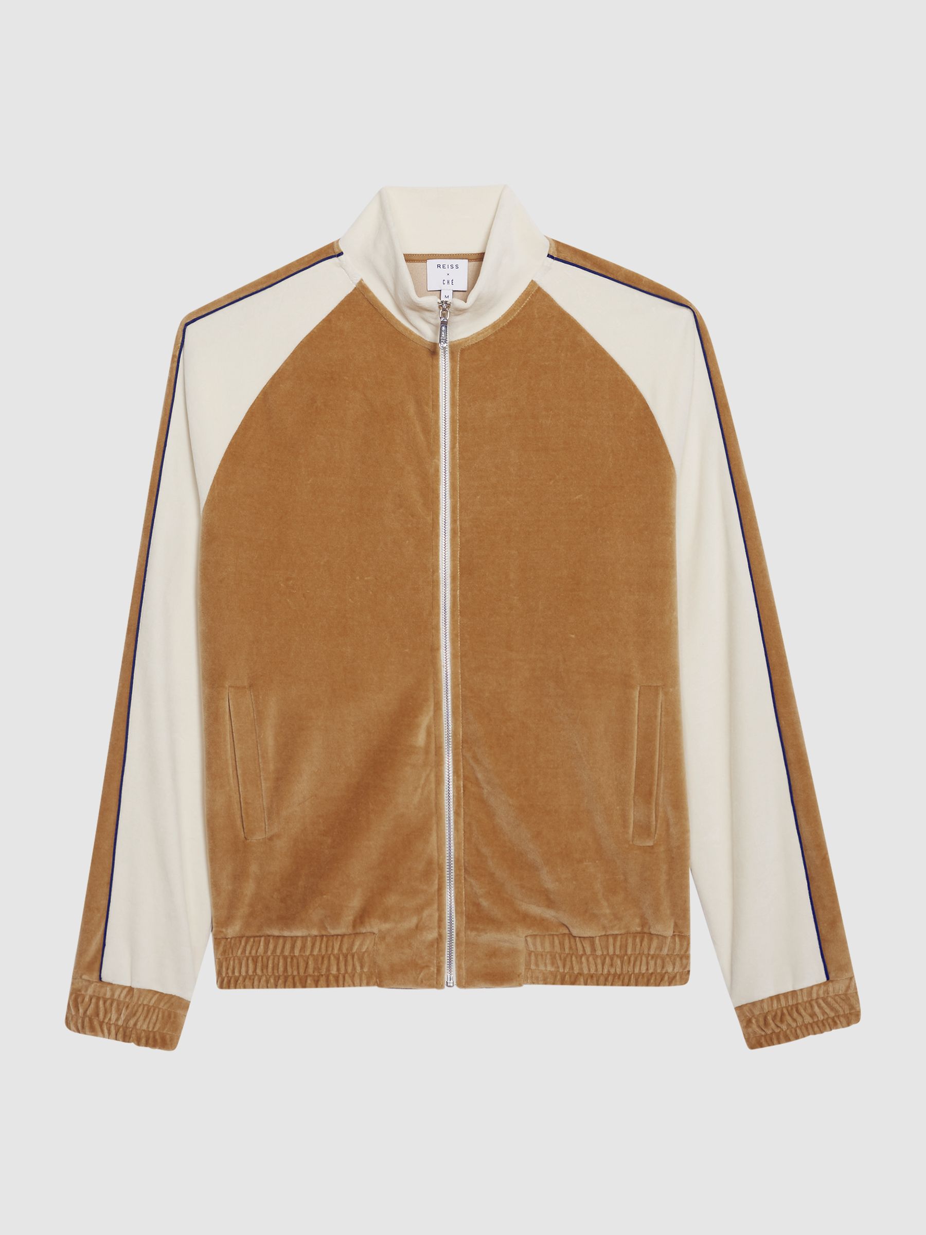 Velour Contrast Panel Zip Through Jacket in Camel - Image 2 of 8