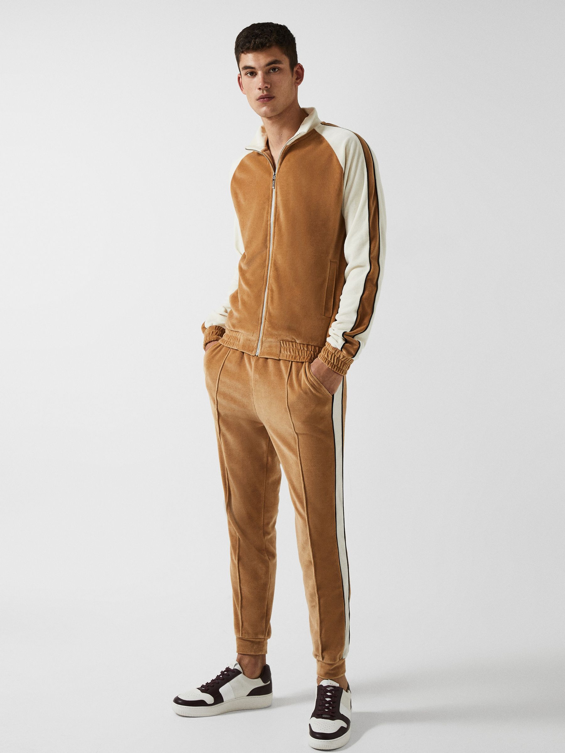 Velour Contrast Panel Zip Through Jacket in Camel - Image 3 of 8