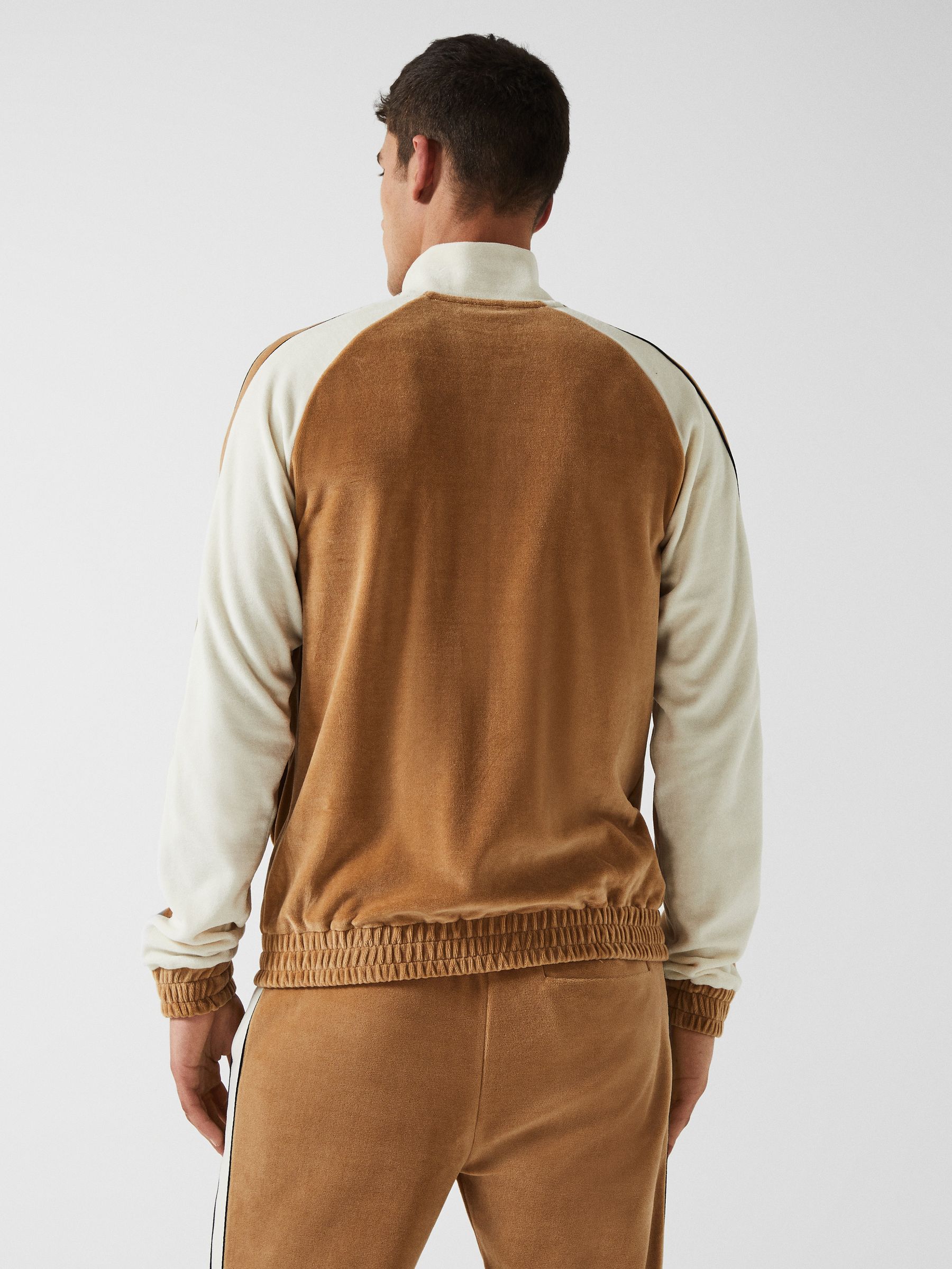 Velour Contrast Panel Zip Through Jacket in Camel - Image 5 of 8