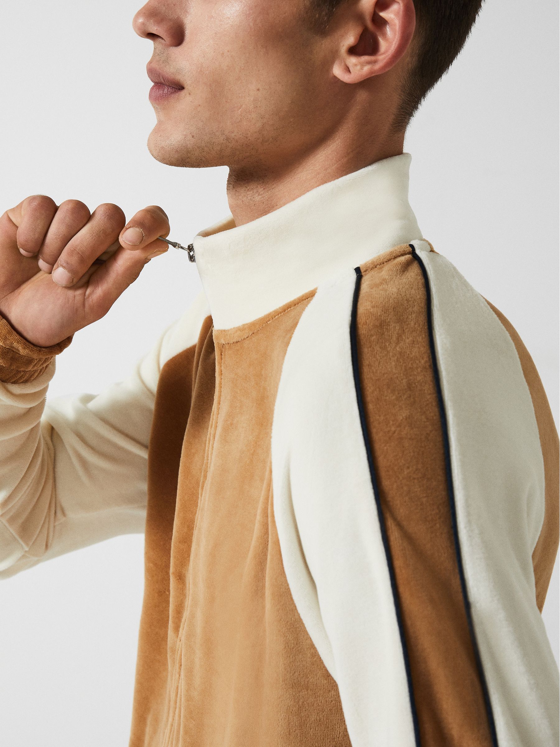 Velour Contrast Panel Zip Through Jacket in Camel - Image 6 of 8