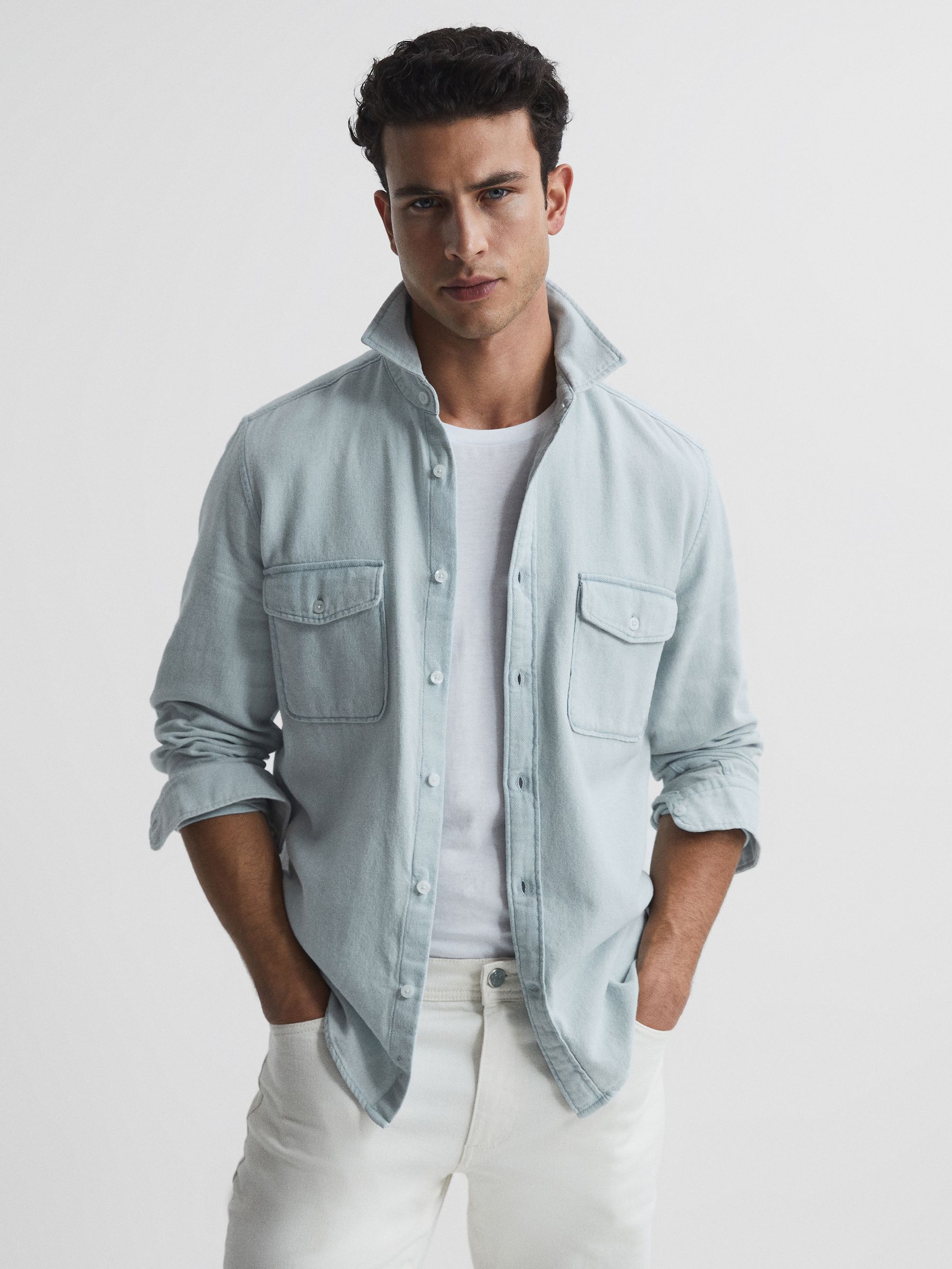 Chambray Twin Pocket Overshirt in Acid Wash Blue - Image 1 of 7