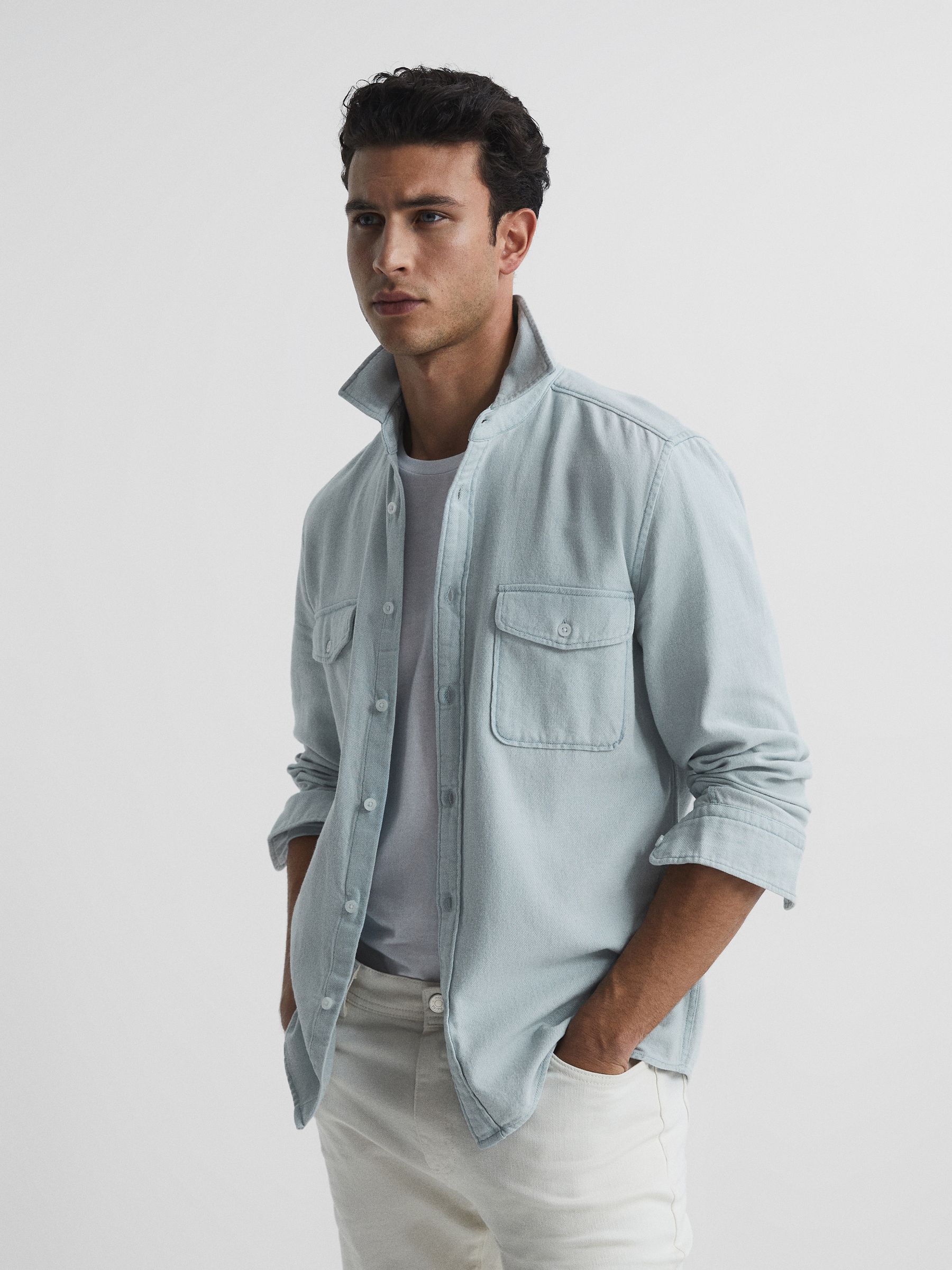 Chambray Twin Pocket Overshirt in Acid Wash Blue - Image 5 of 7