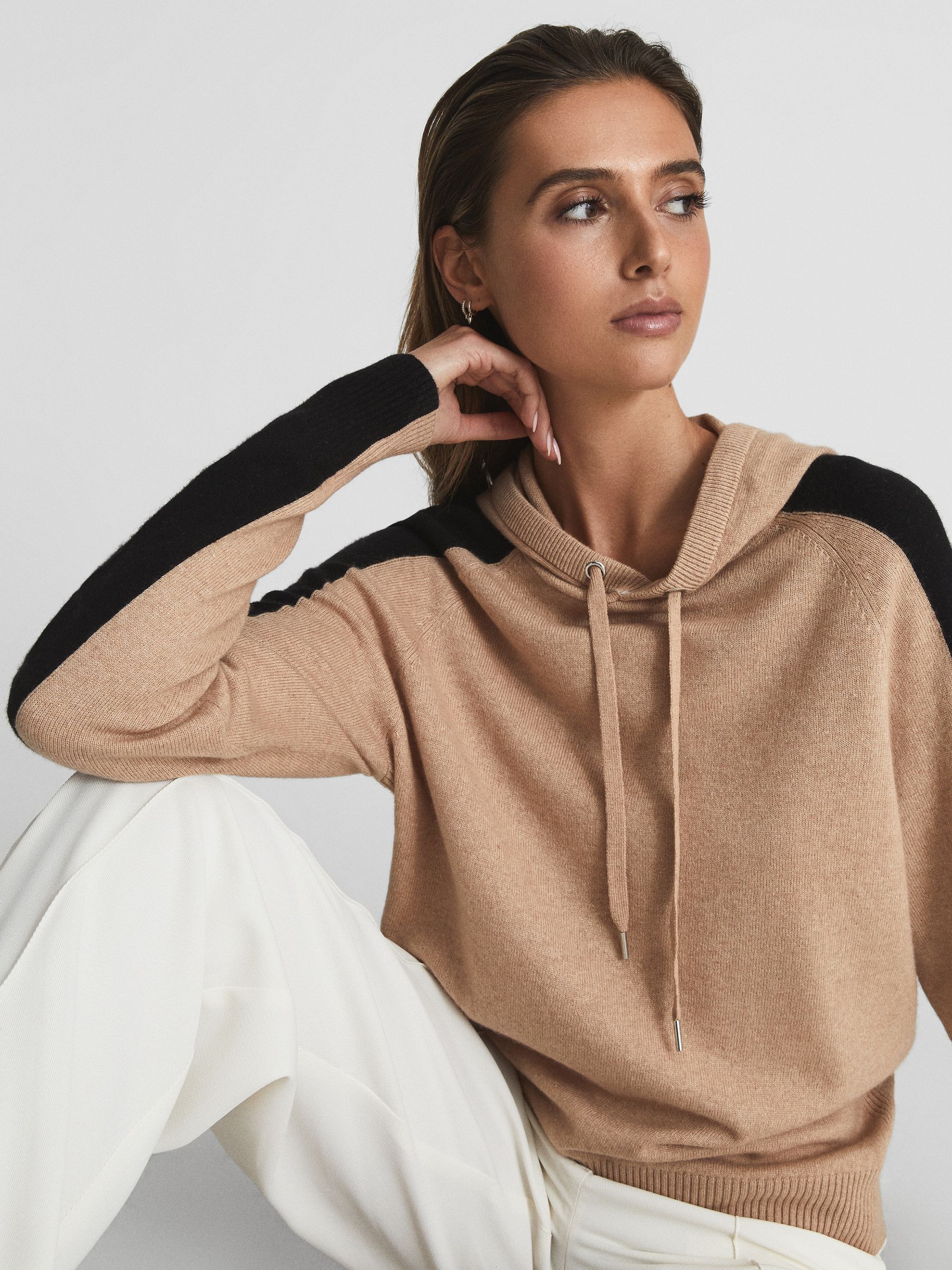 Colourblock Cashmere Blend Hoodie in Black/Camel - Image 1 of 7
