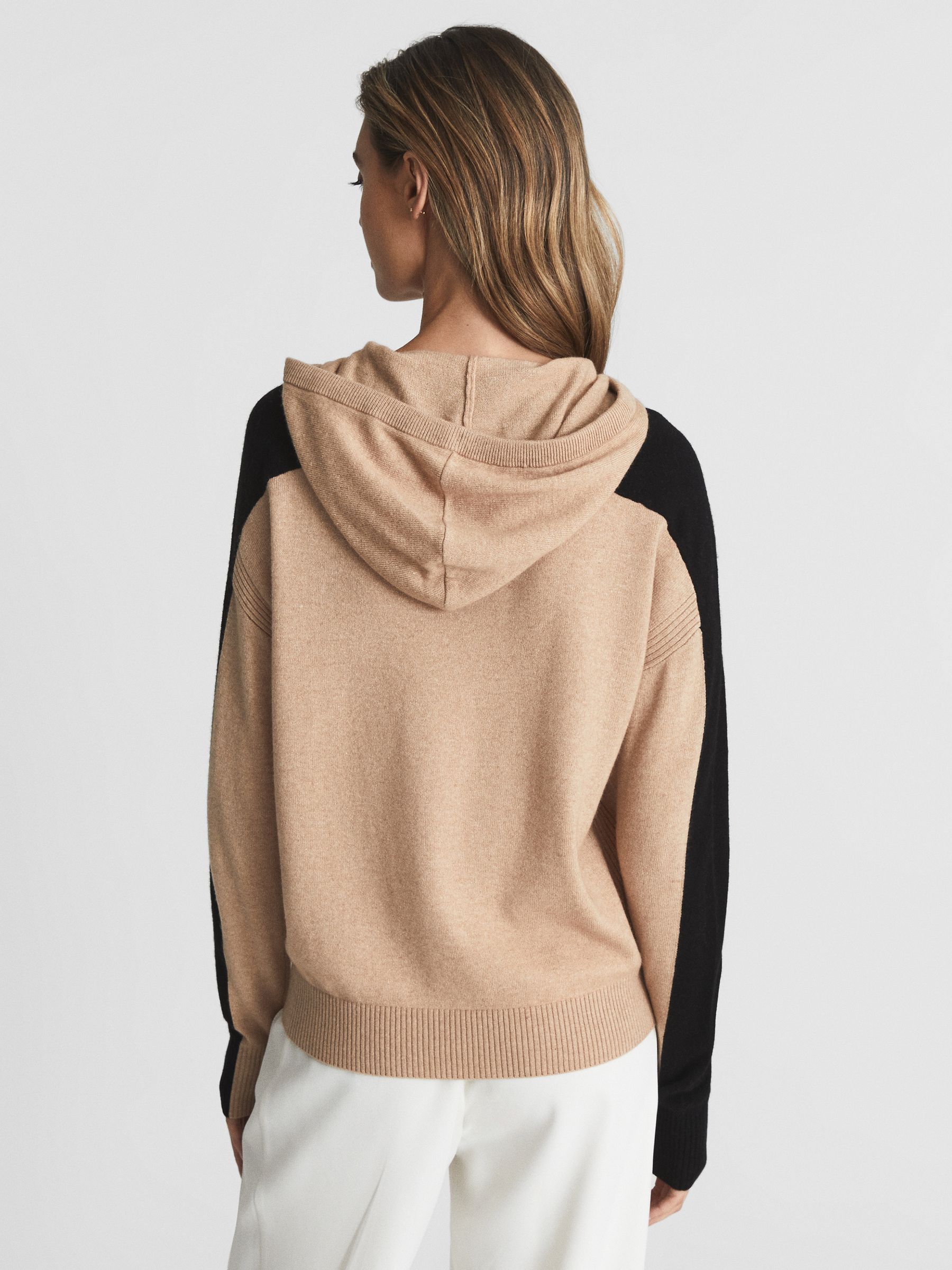 Colourblock Cashmere Blend Hoodie in Black/Camel - Image 5 of 7