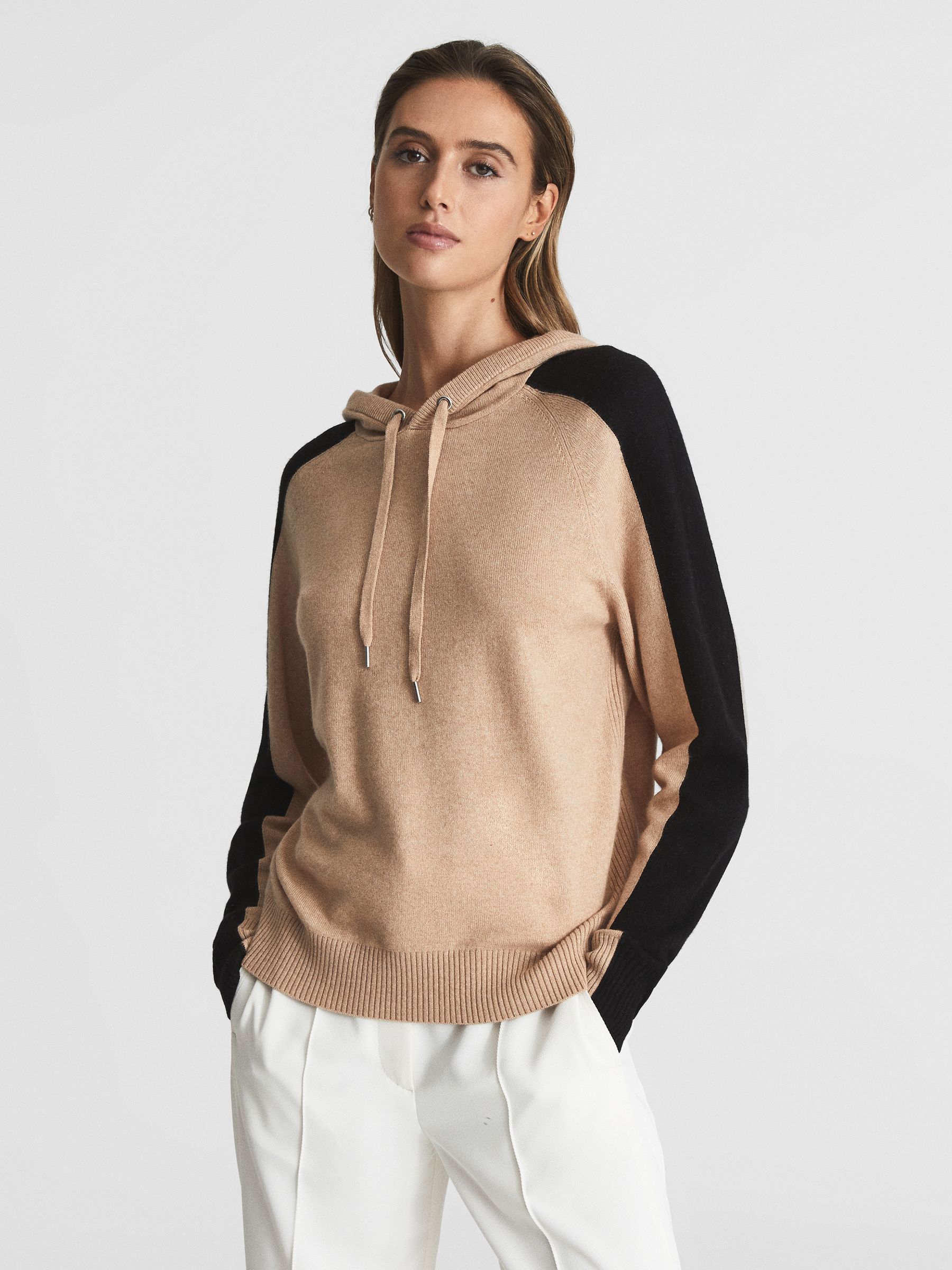 Colourblock Cashmere Blend Hoodie in Black/Camel - Image 6 of 7