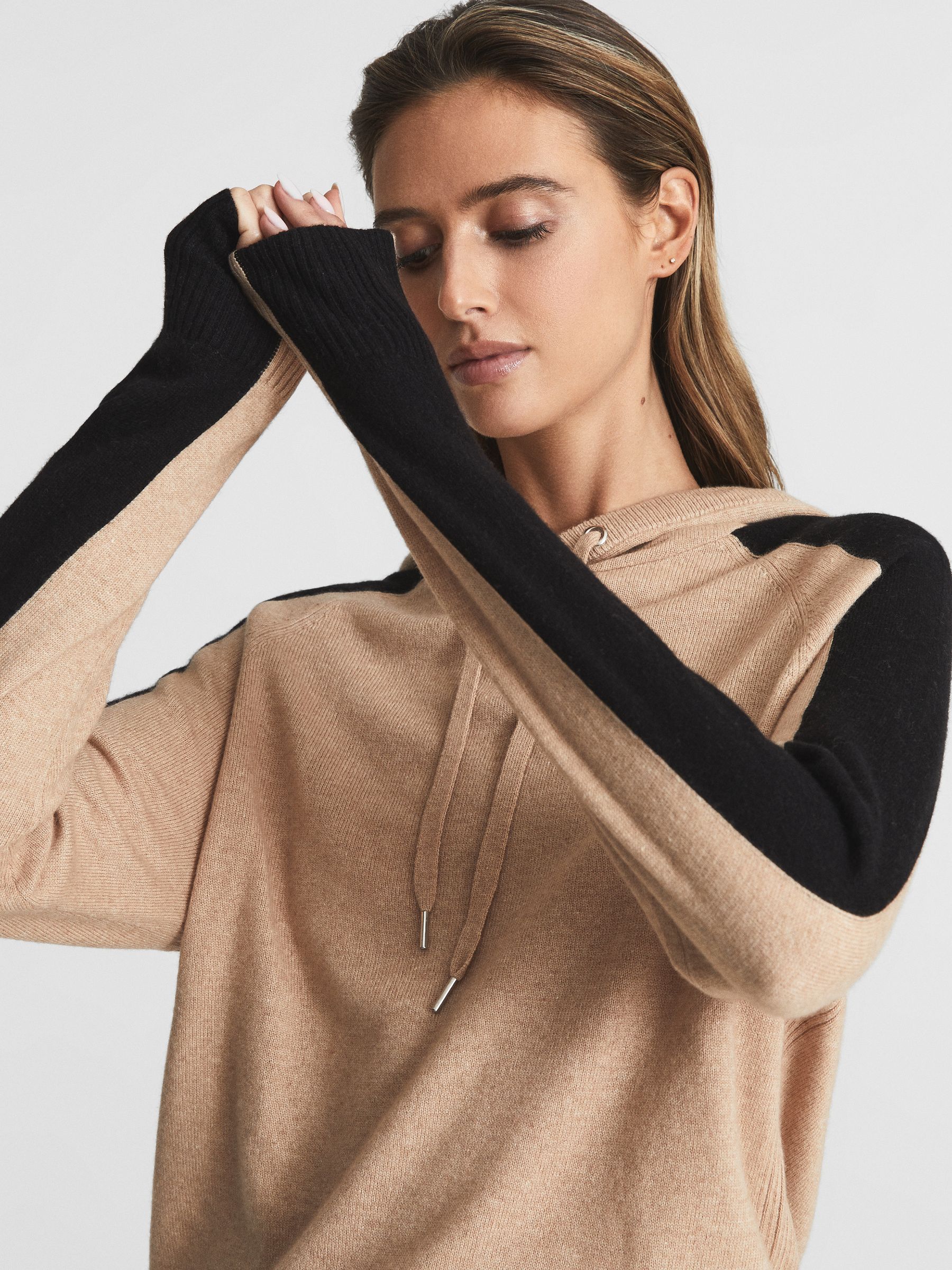 Colourblock Cashmere Blend Hoodie in Black/Camel - Image 7 of 7