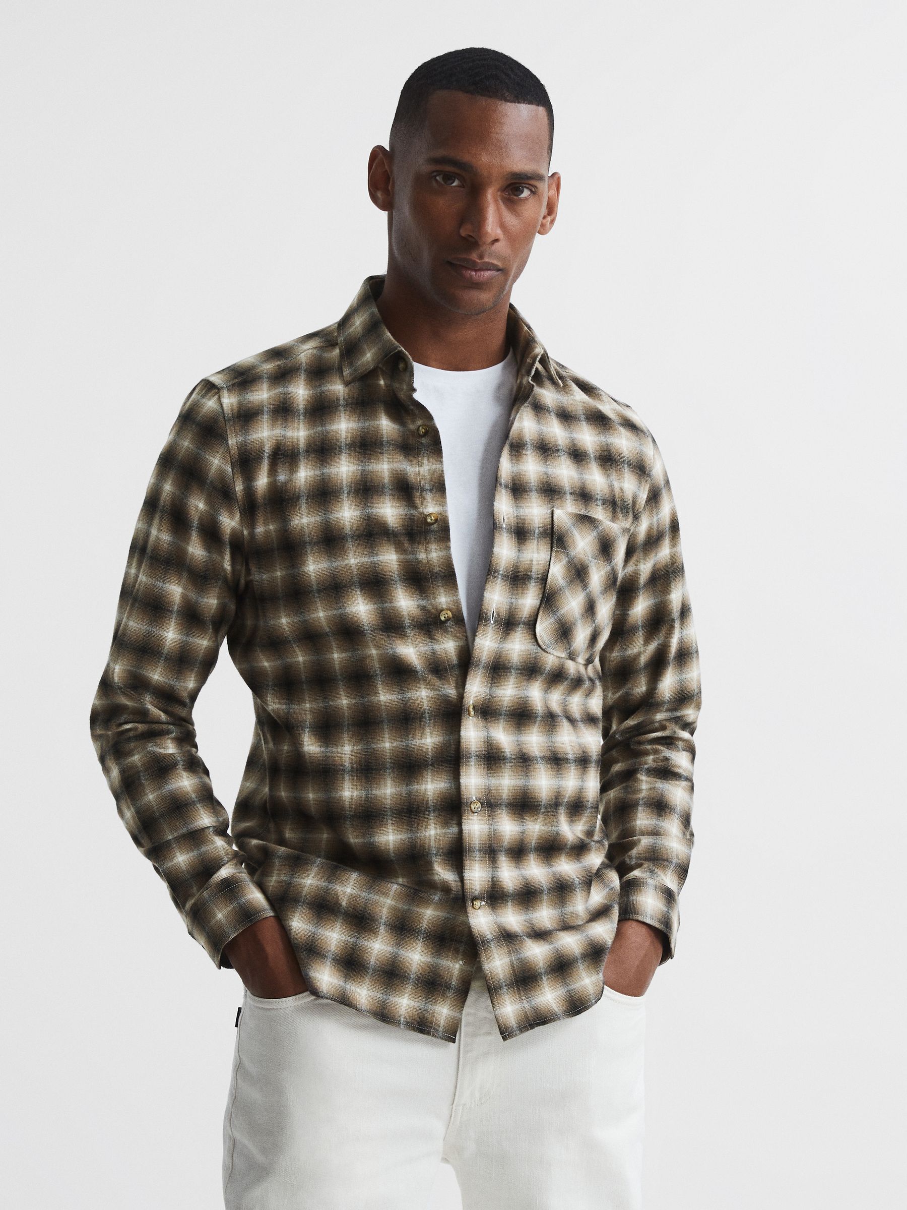 Brushed Check Overshirt in Brown - Image 1 of 5