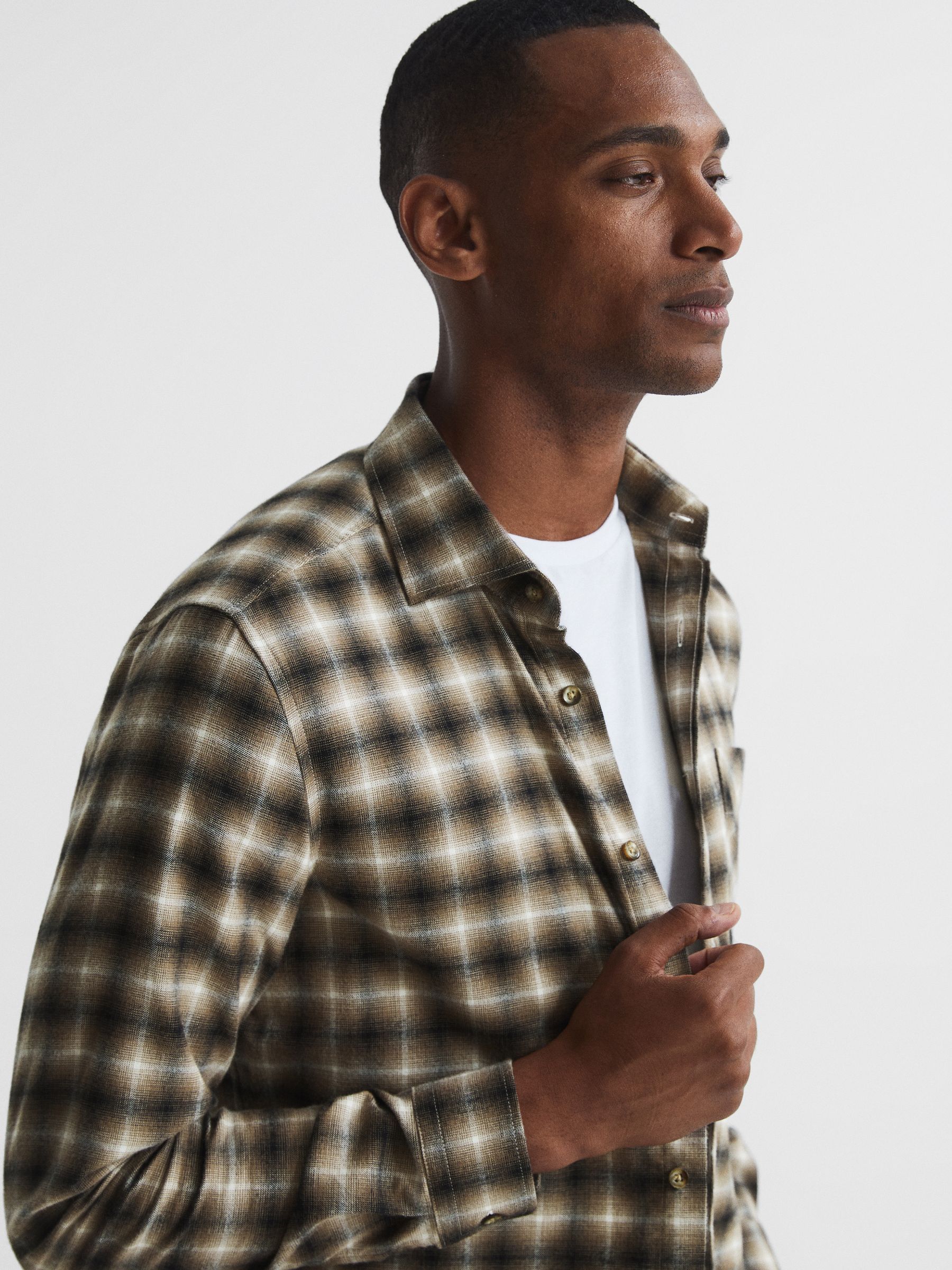 Brushed Check Overshirt in Brown - Image 4 of 5