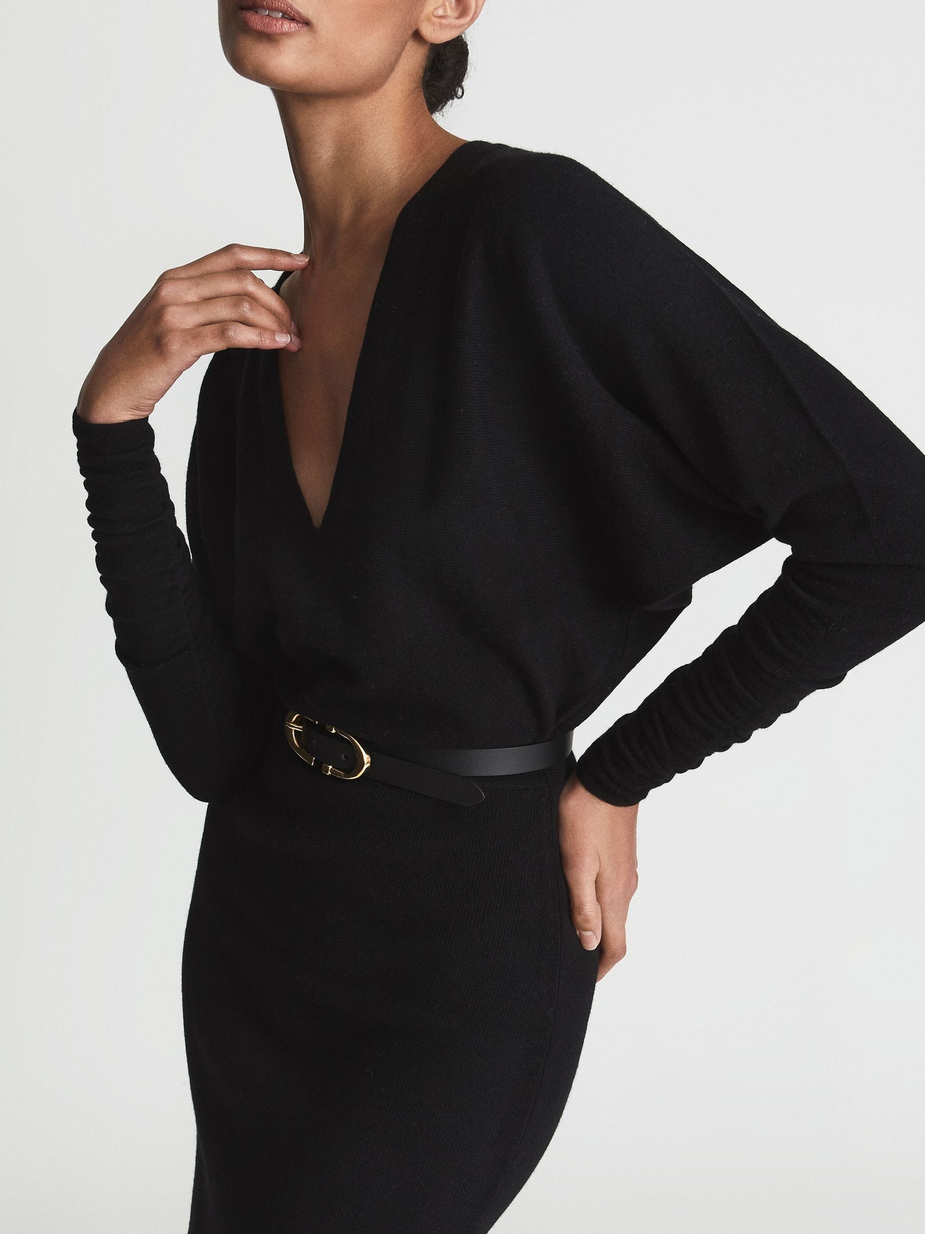 Petite Wool Blend Ruched Sleeve Midi Dress in Black - Image 1 of 7