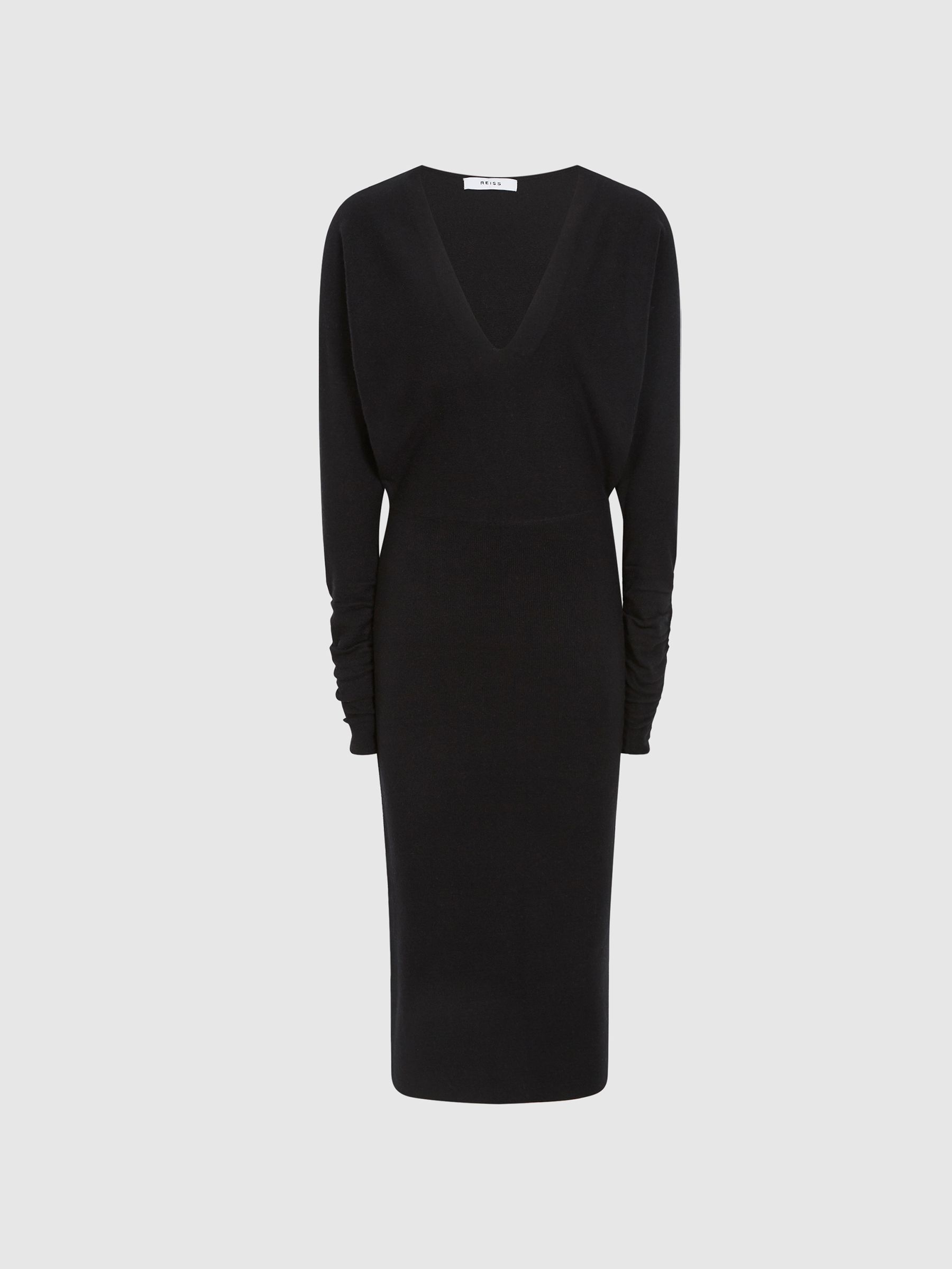 Petite Wool Blend Ruched Sleeve Midi Dress in Black - Image 2 of 7