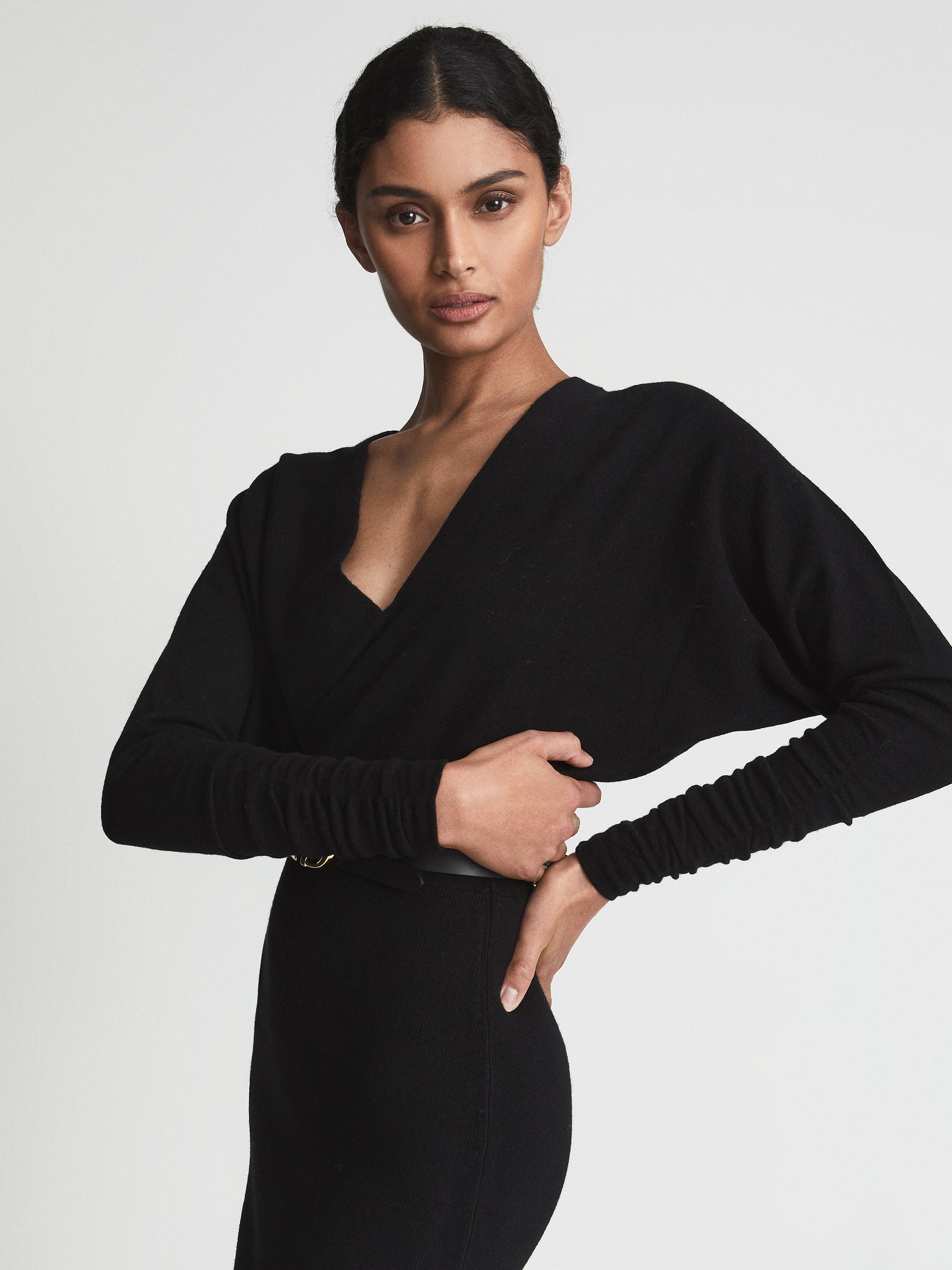 Petite Wool Blend Ruched Sleeve Midi Dress in Black - Image 4 of 7