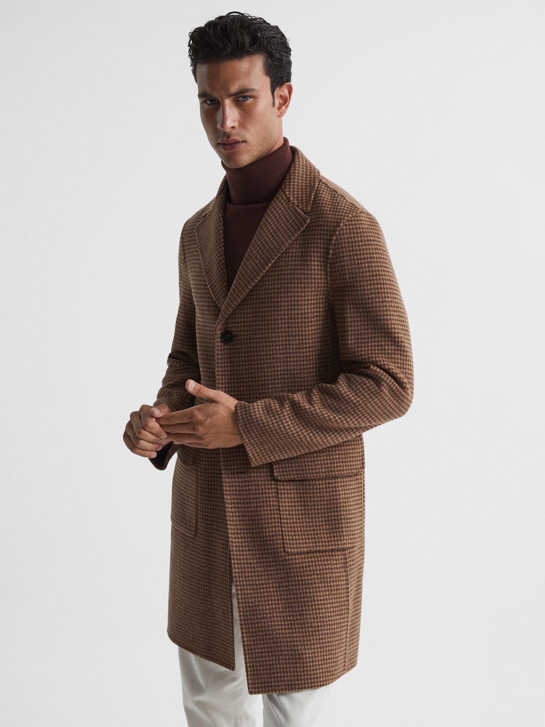 Single Breasted Brushed Wool Dogtooth Overcoat in Tobacco - Image 1 of 7