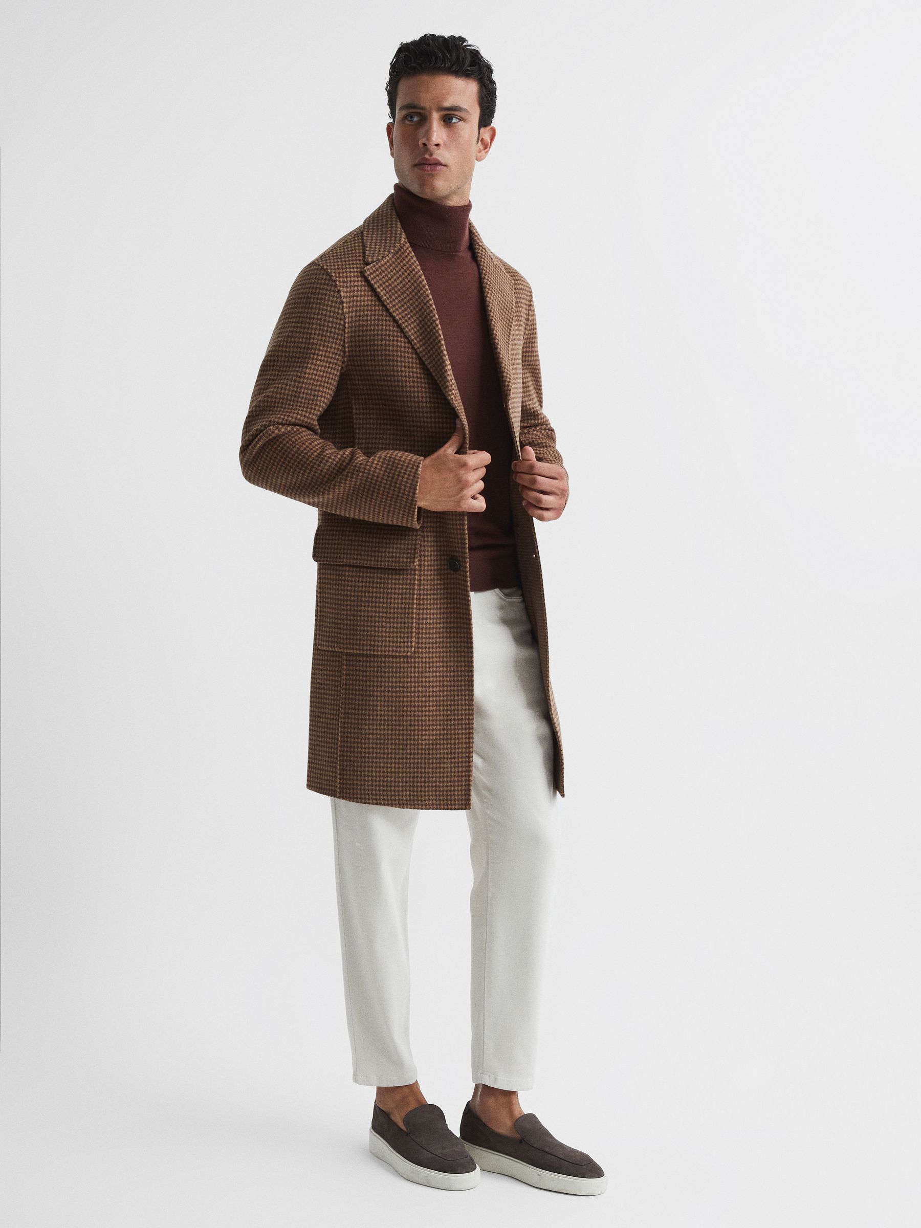 Single Breasted Brushed Wool Dogtooth Overcoat in Tobacco - Image 3 of 7