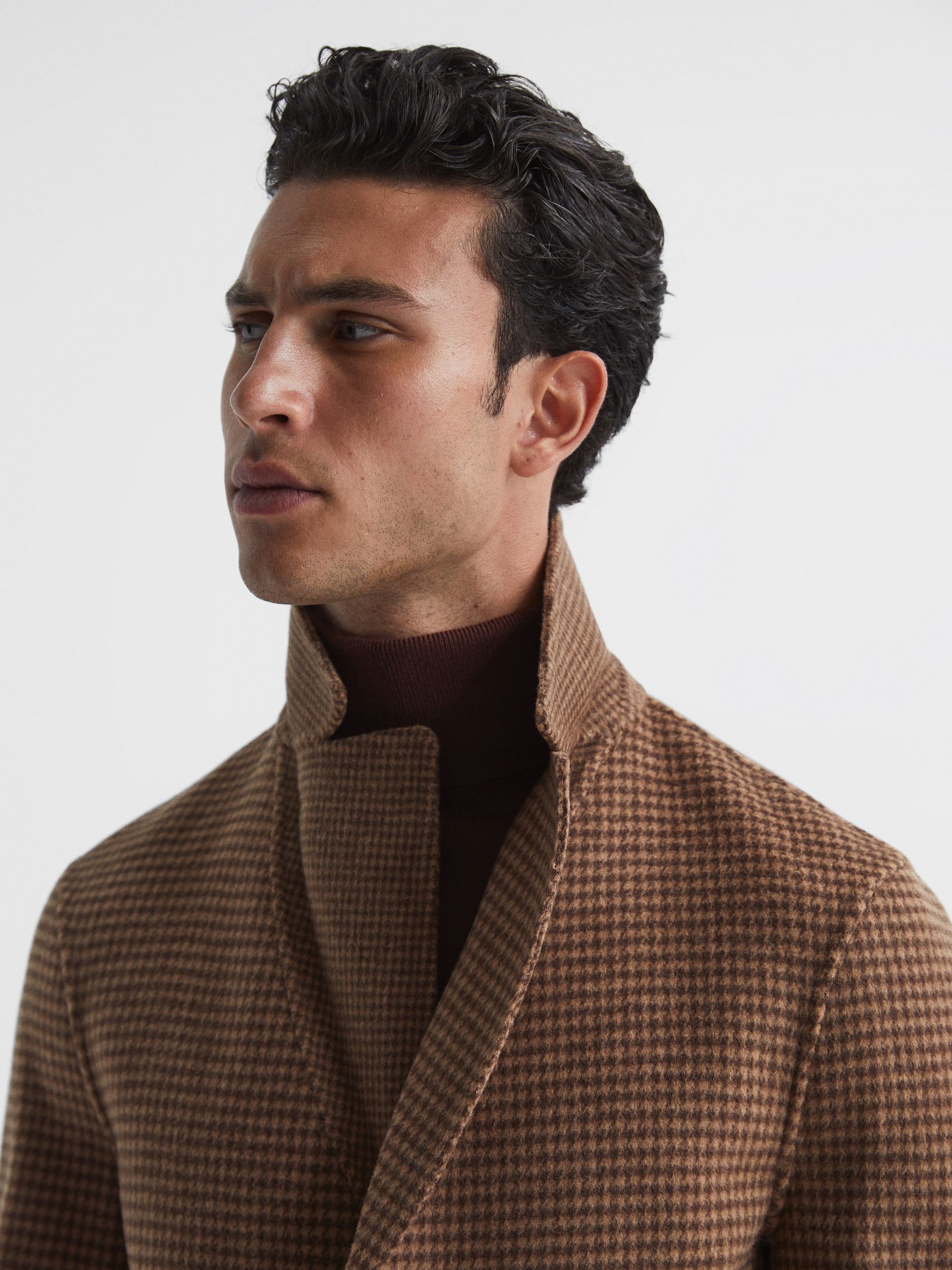 Single Breasted Brushed Wool Dogtooth Overcoat in Tobacco - Image 7 of 7