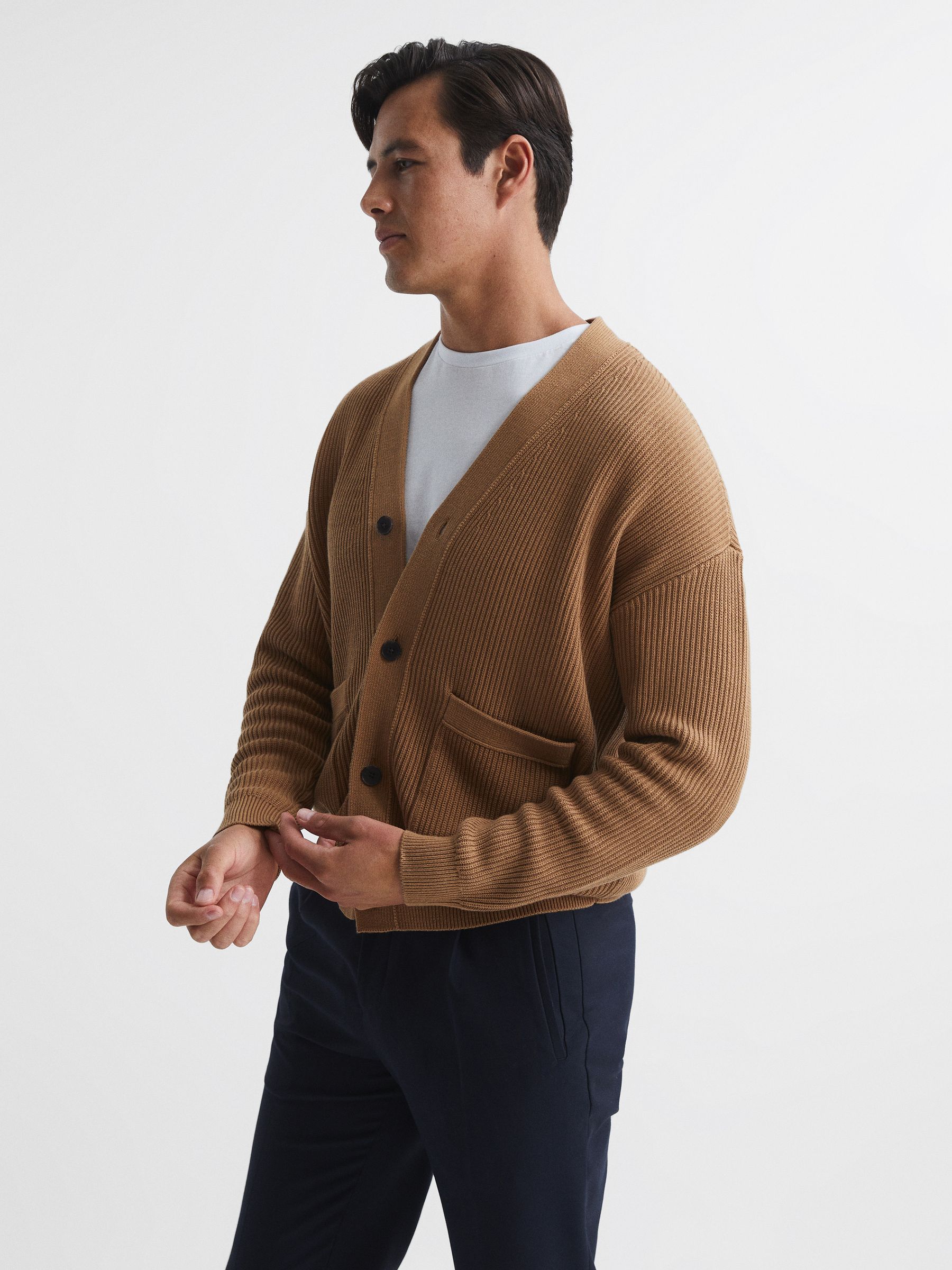 Chunky Knit Ribbed Cardigan in Camel - Image 1 of 6