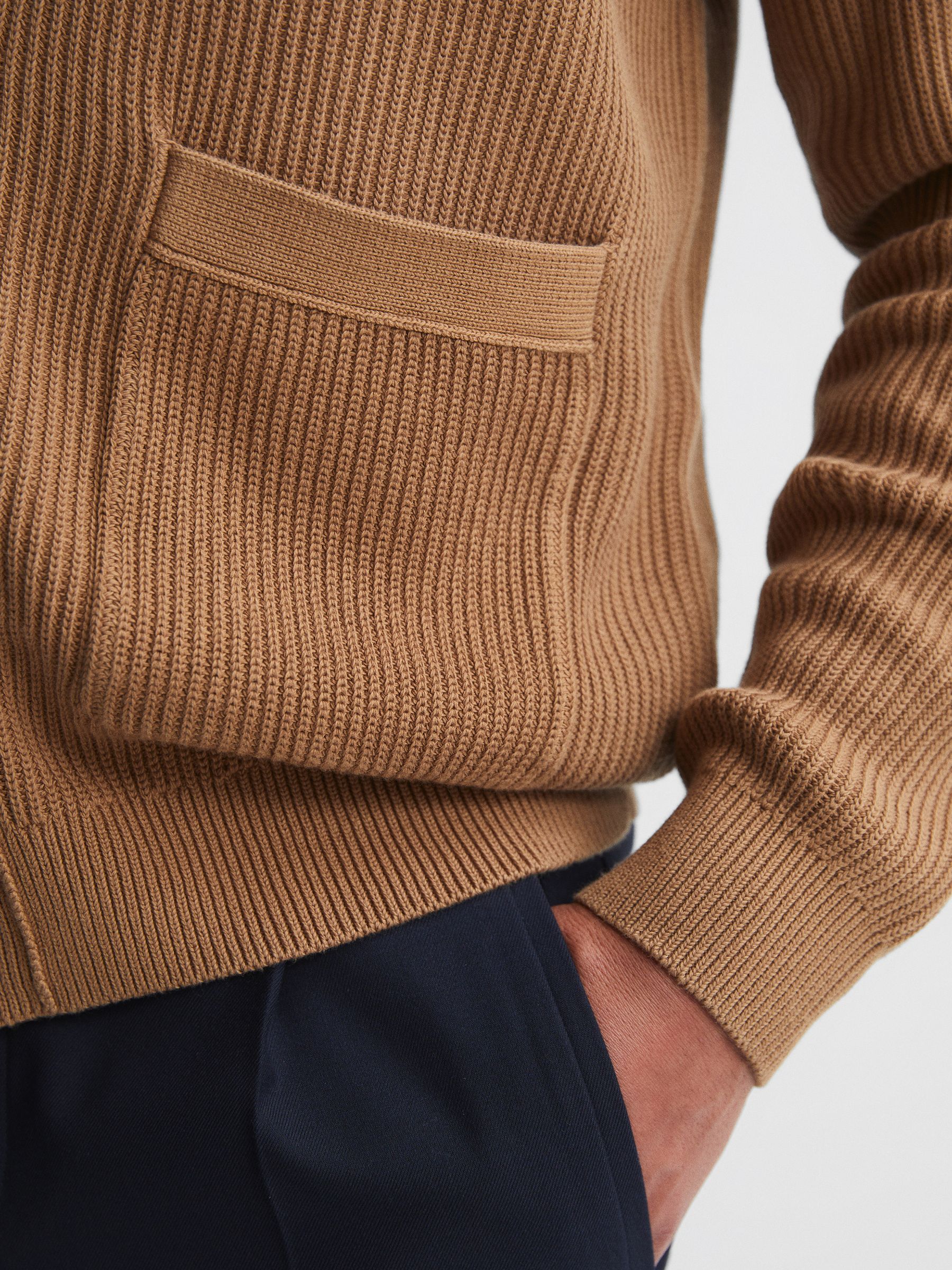 Chunky Knit Ribbed Cardigan in Camel - Image 4 of 6