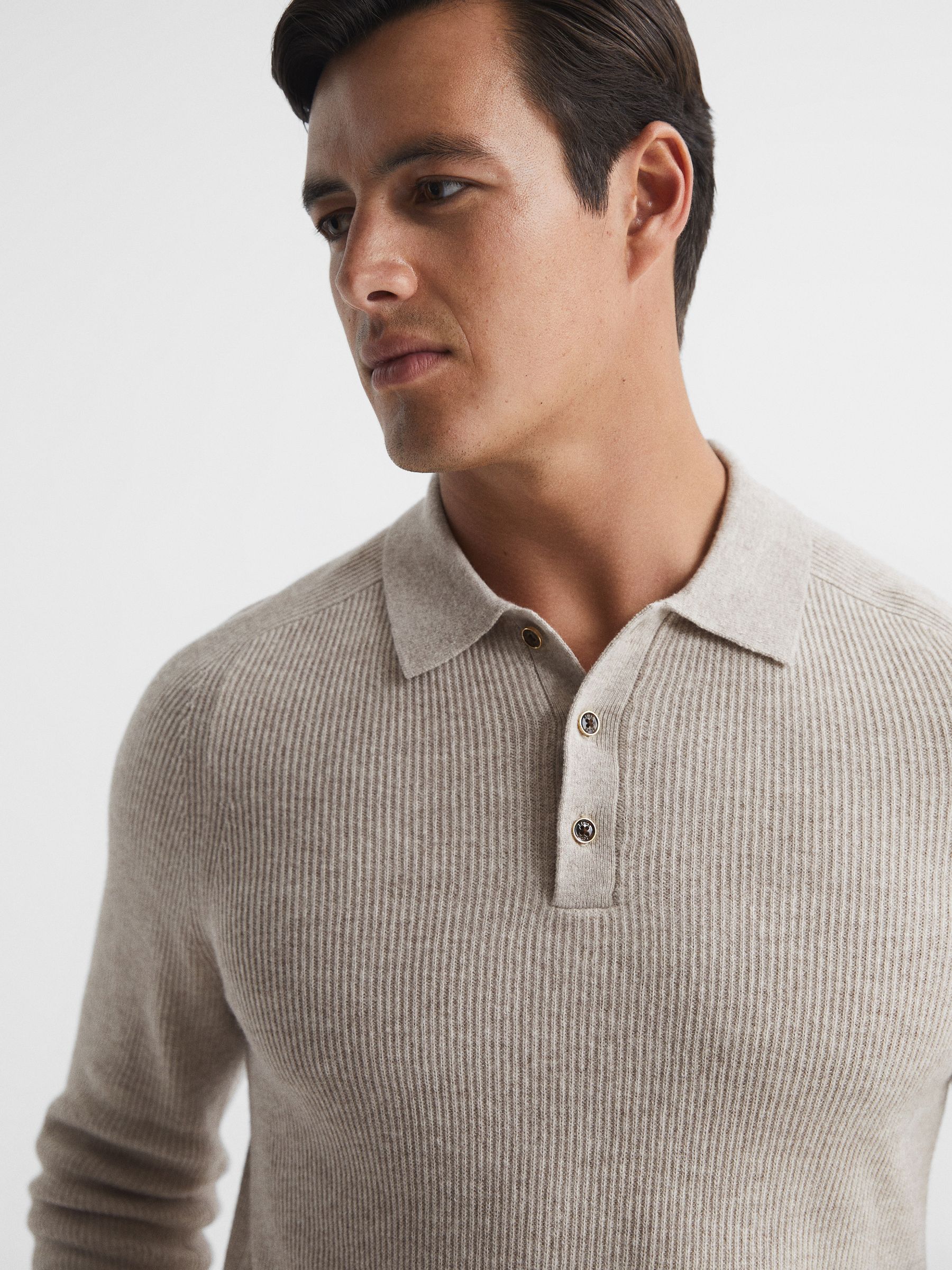 Buttoned Ribbed Polo Top in Oatmeal - Image 4 of 5