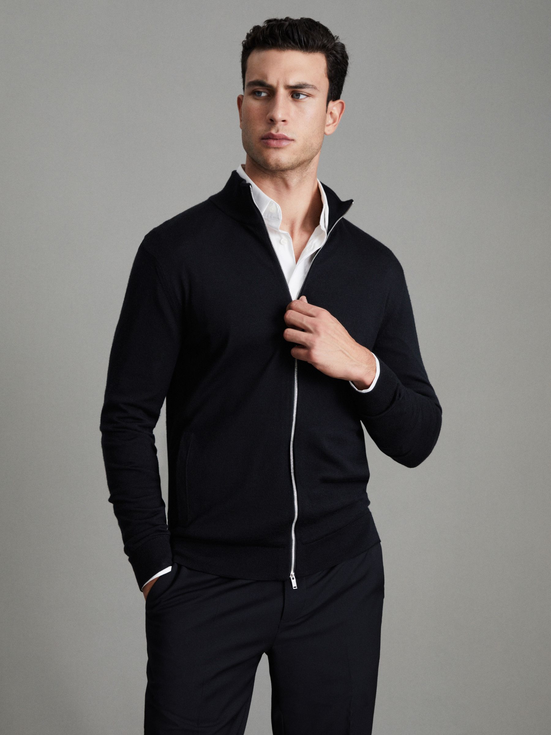 Merino Wool Zip-Through Cardigan in Black - Image 1 of 6